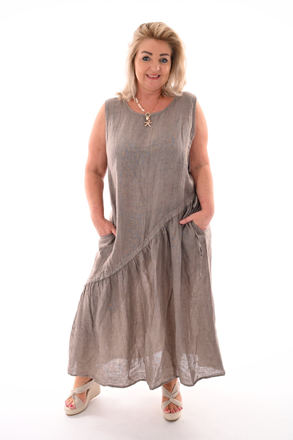 Linnen jurk strik detail taupe