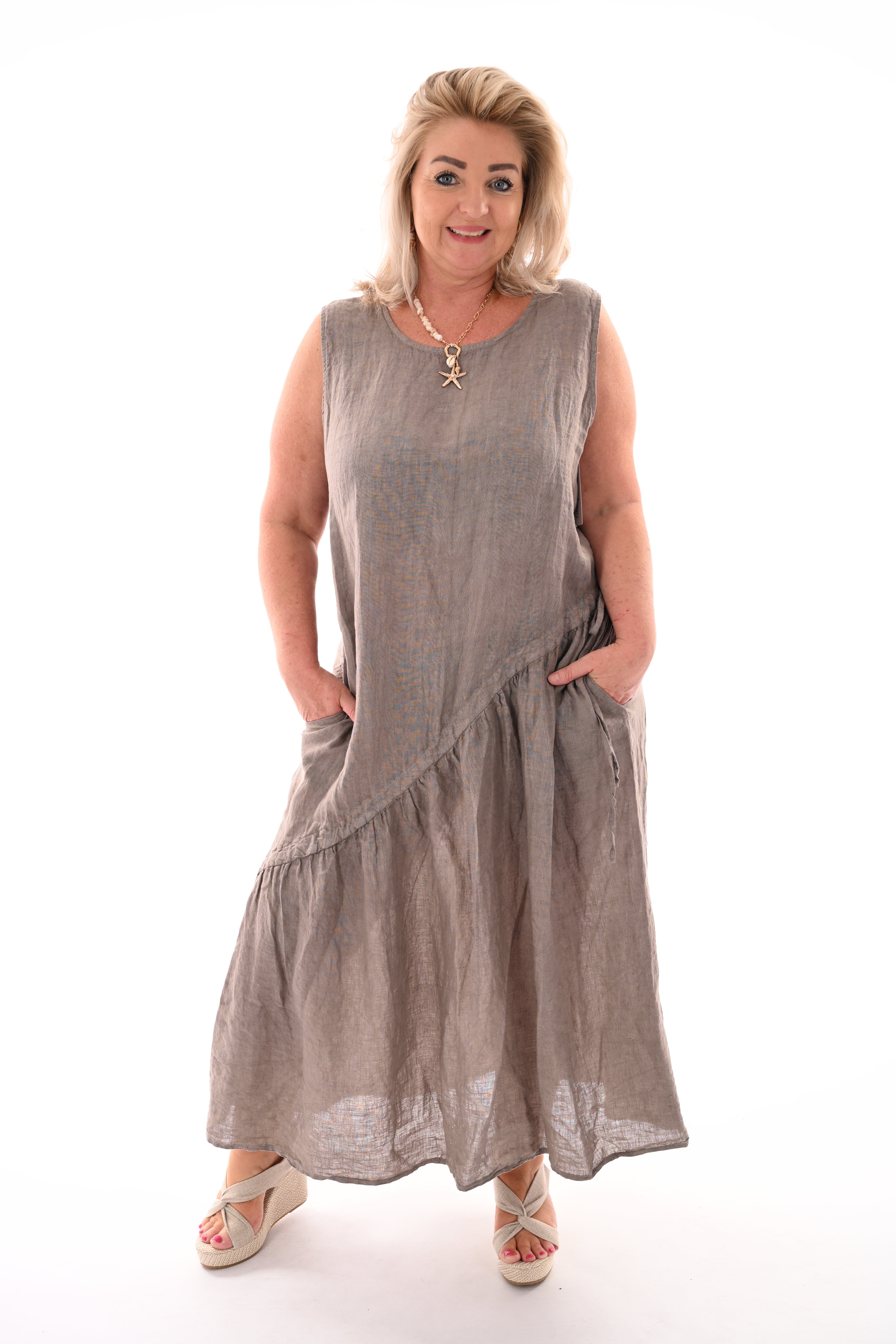 Linnen jurk strik detail taupe