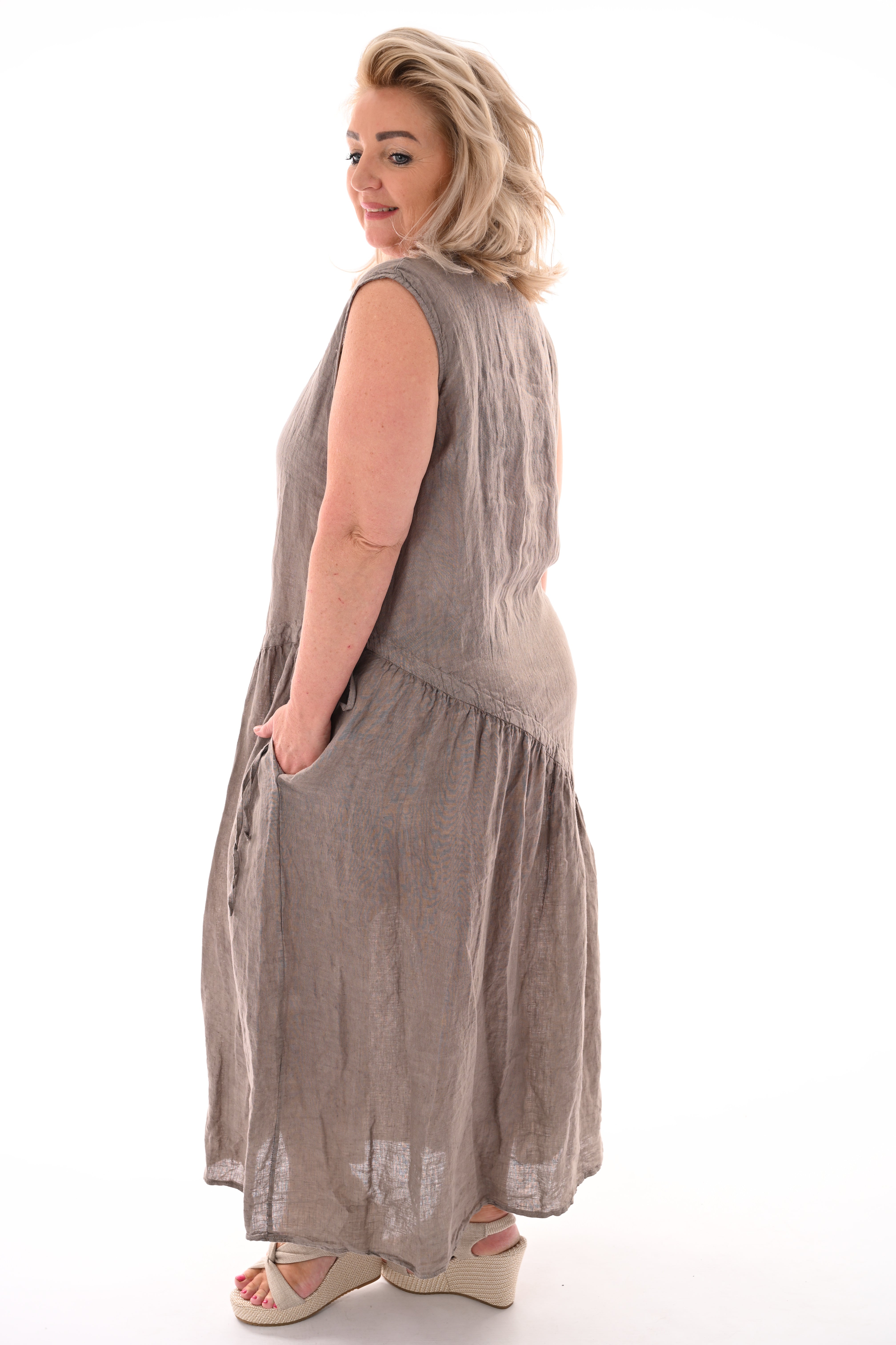 Linnen jurk strik detail taupe