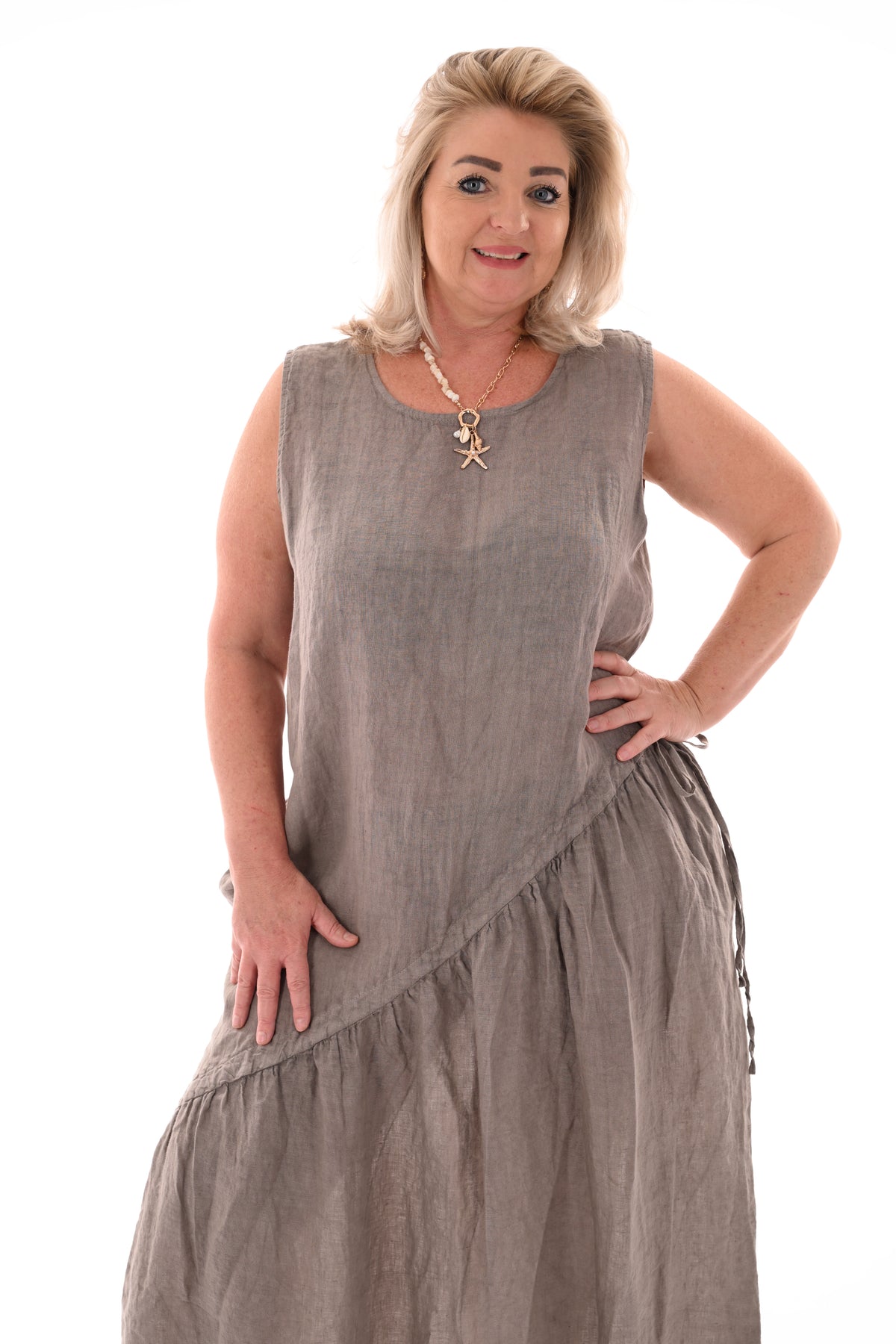 Linnen jurk strik detail taupe