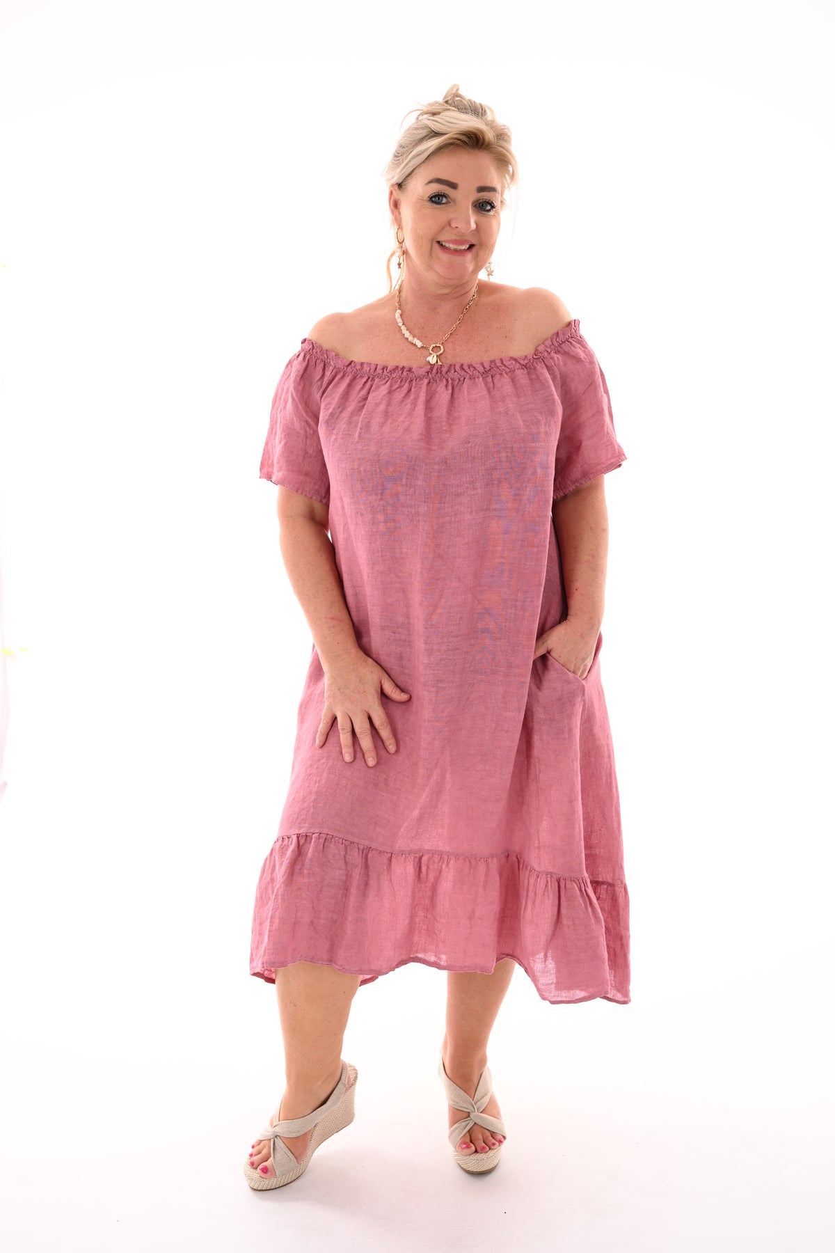 Jurk gesmockte randen korte mouwen uni mauve