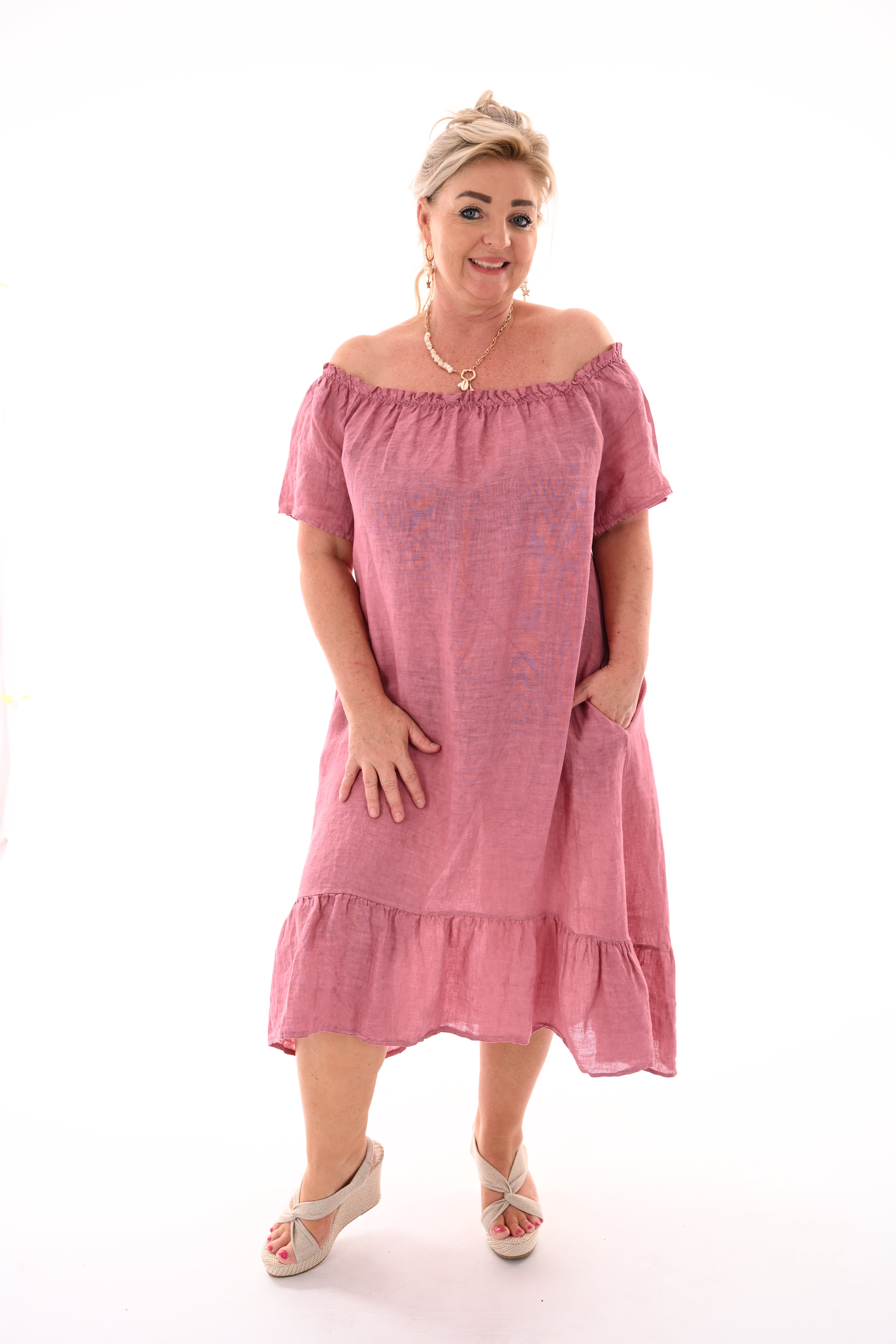 Jurk gesmockte randen korte mouwen uni mauve