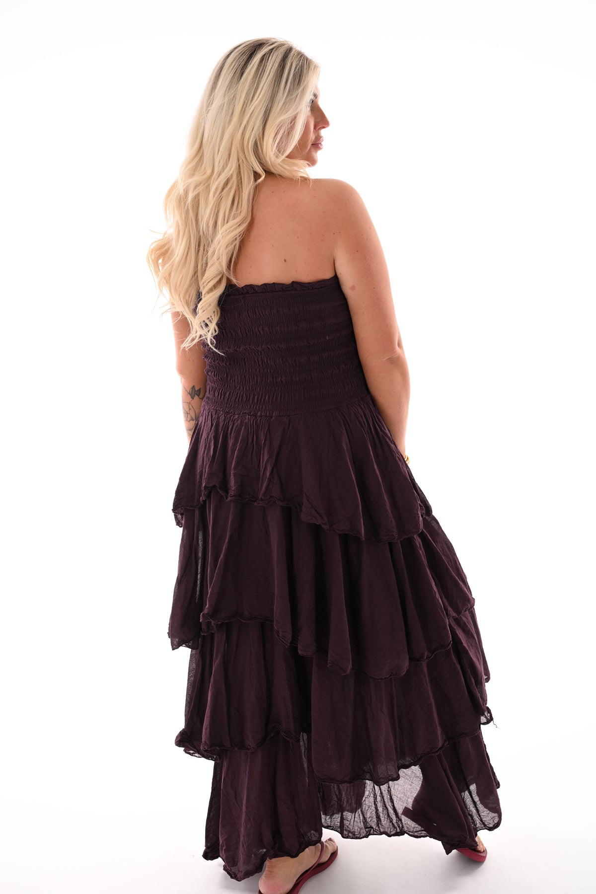 Off-shoulder jurk stroken aubergine