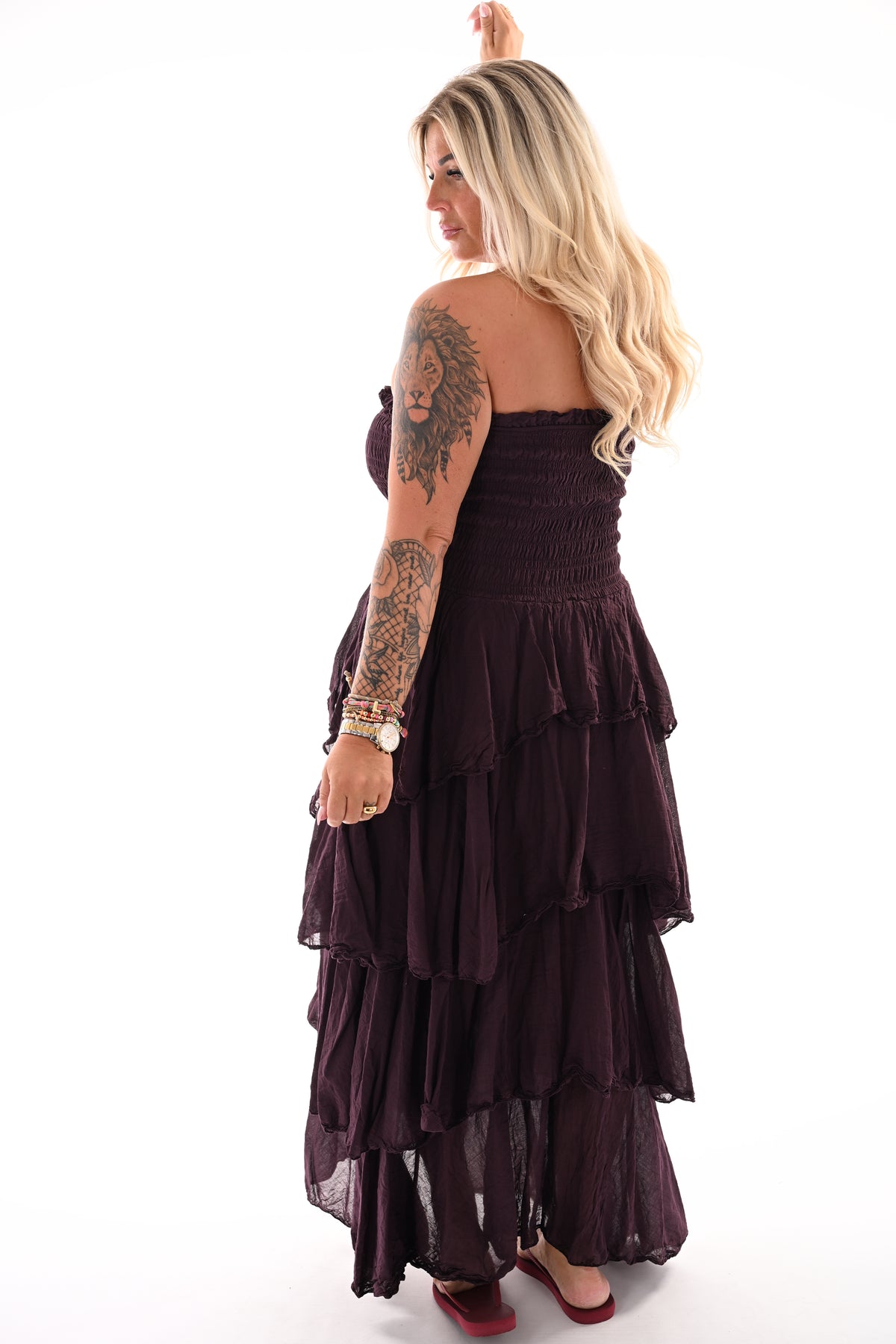 Off-shoulder jurk stroken aubergine