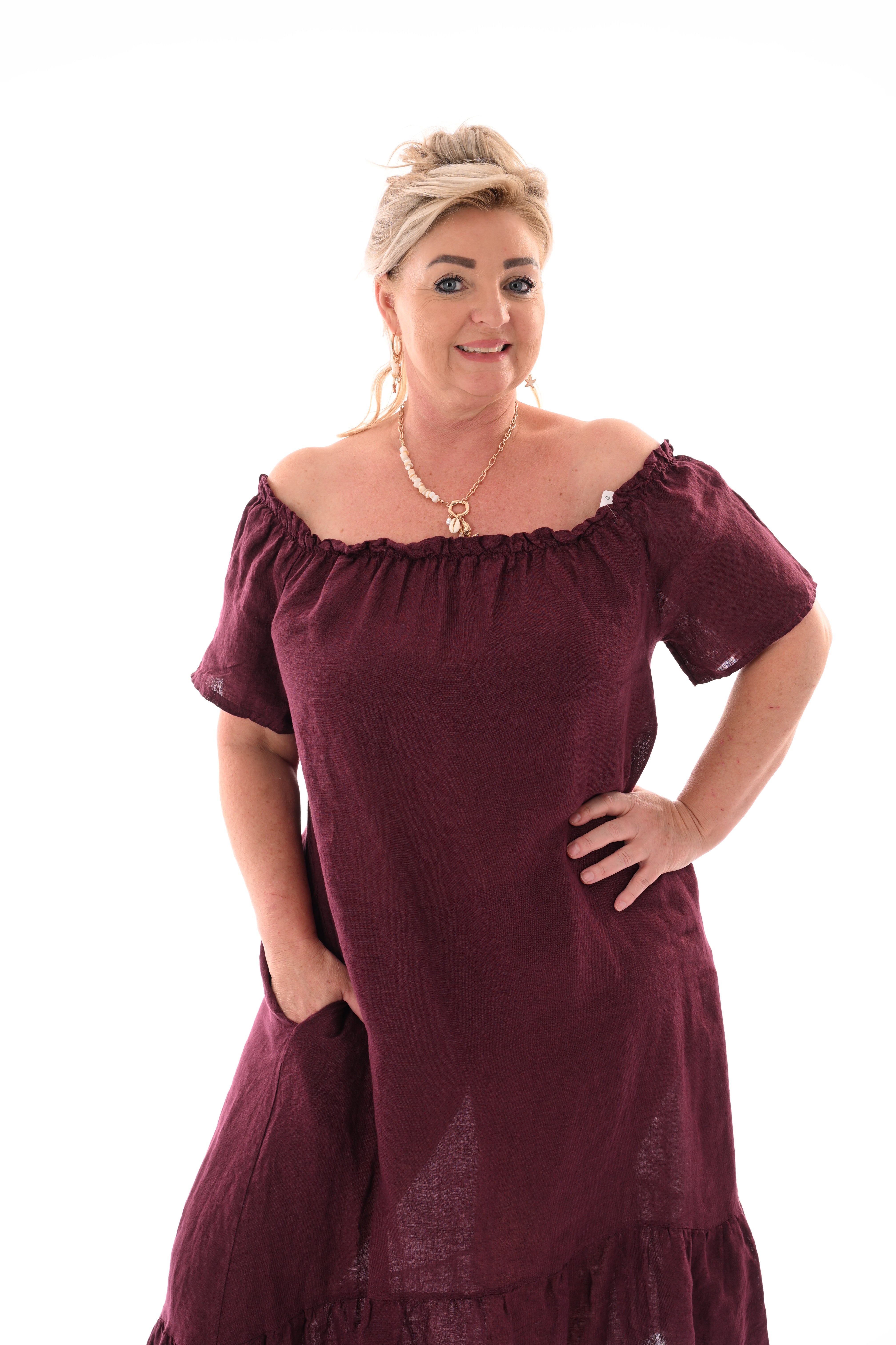 Jurk gesmockte randen korte mouwen uni aubergine