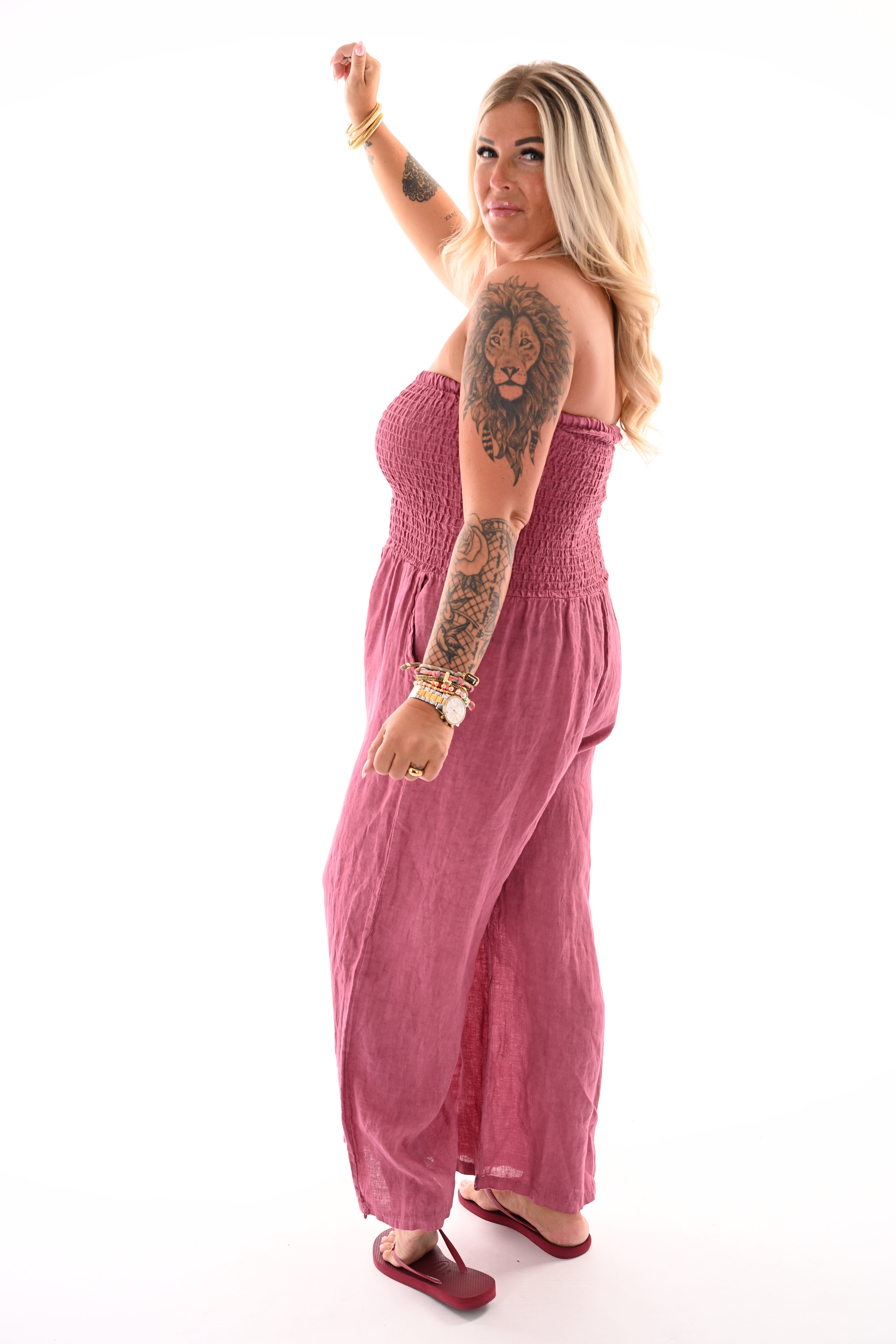 Off-shoulder jumpsuit smock detail mauve