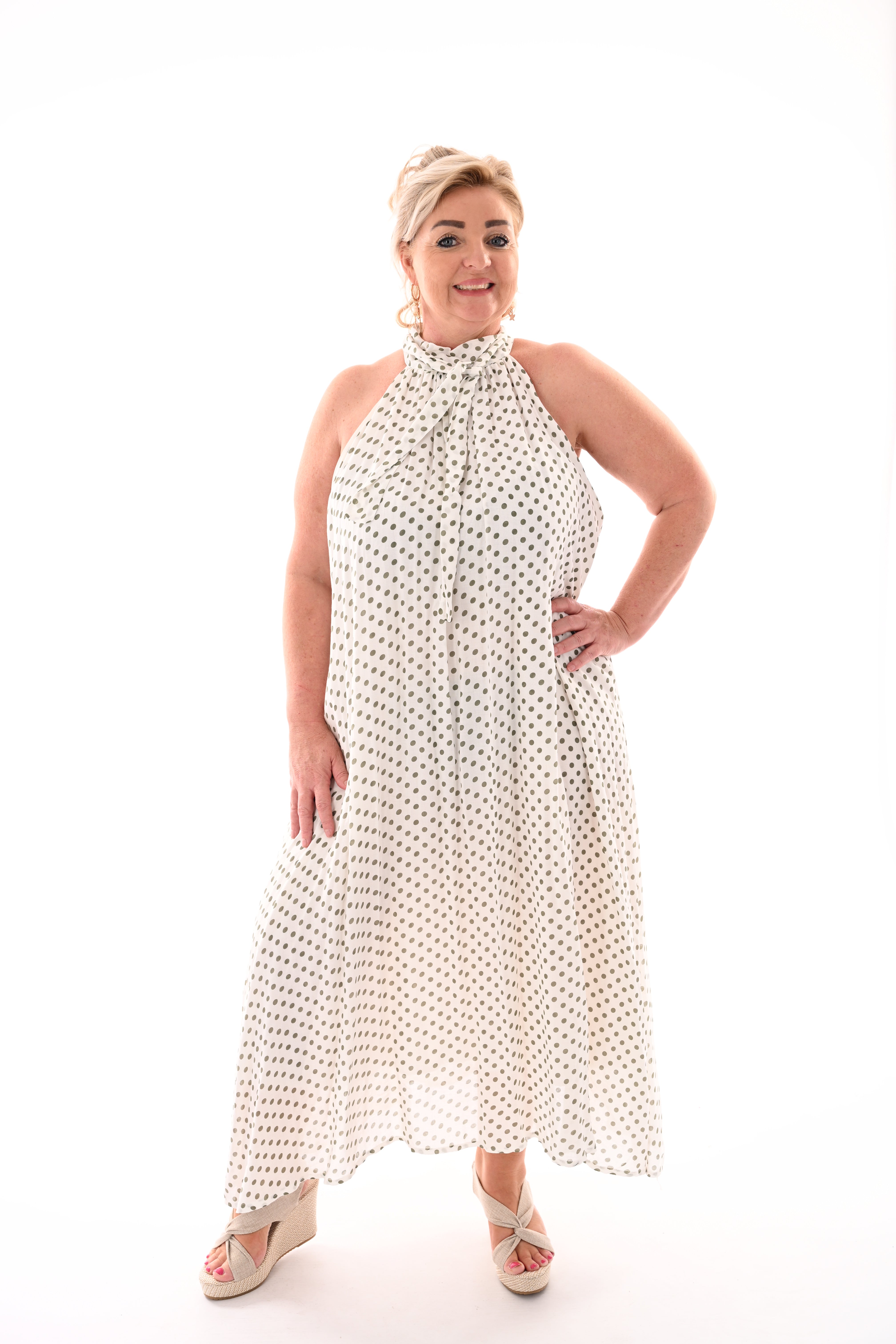 Halter jurk met strik en dots wit/lindegroen