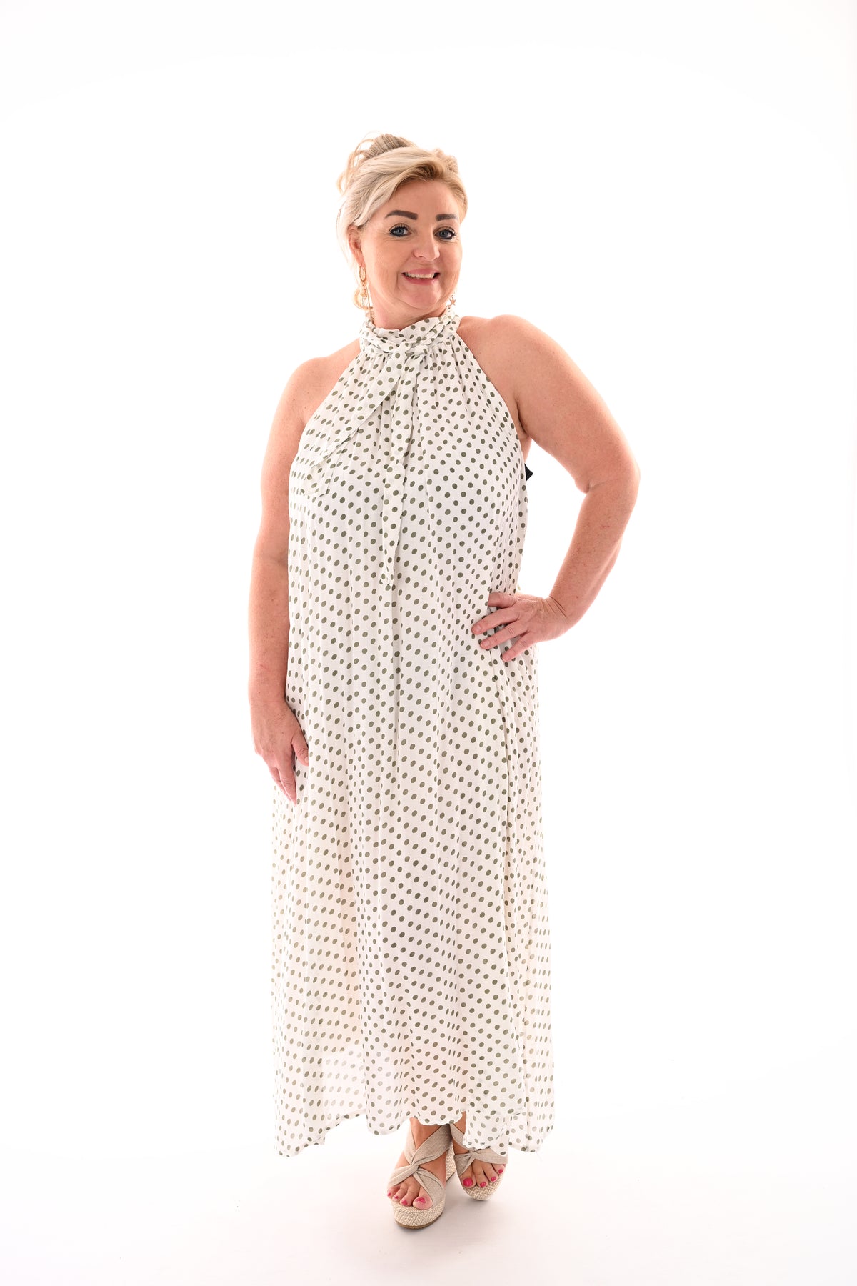 Halter jurk met strik en dots wit/lindegroen