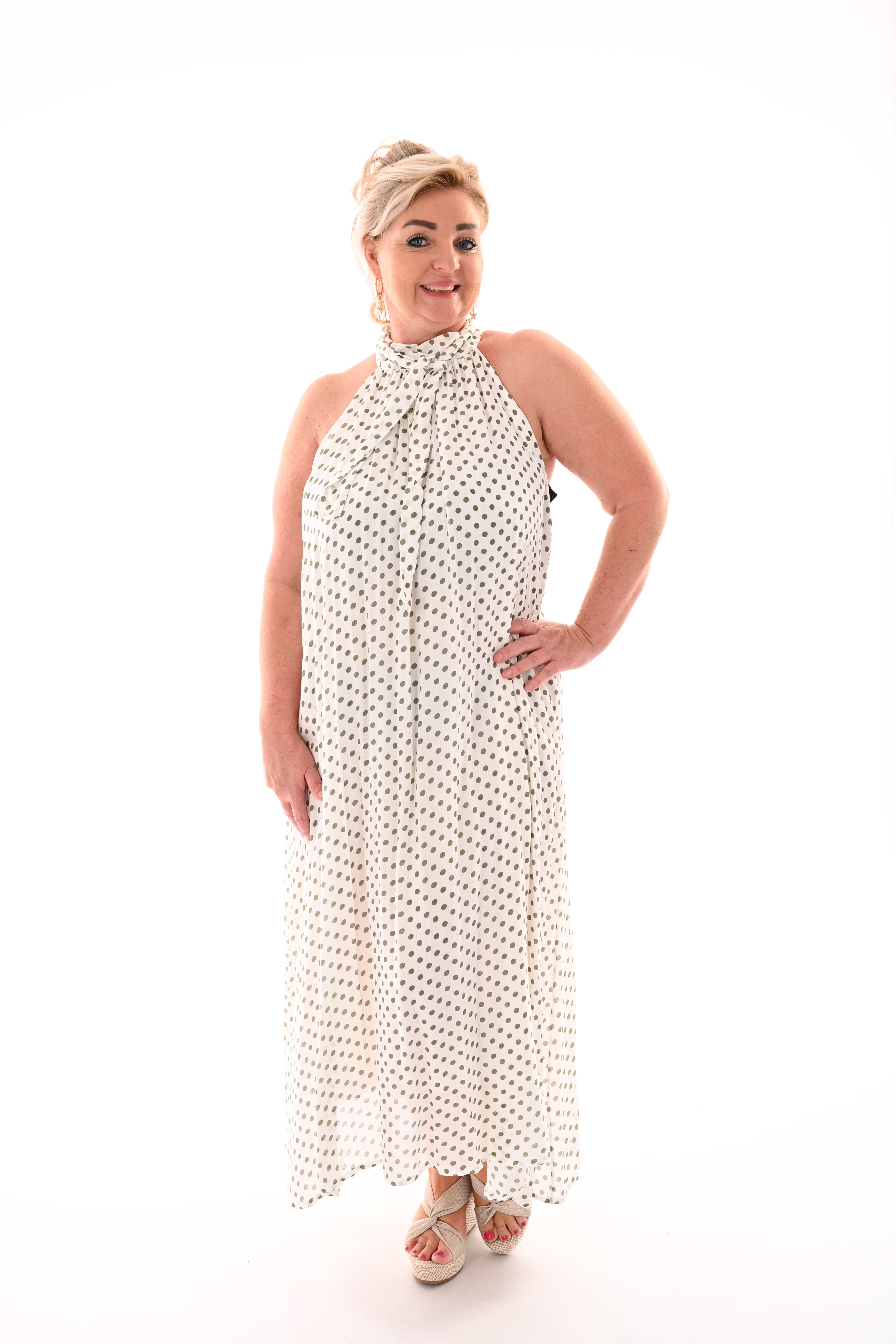 Halter jurk met strik en dots wit/lindegroen