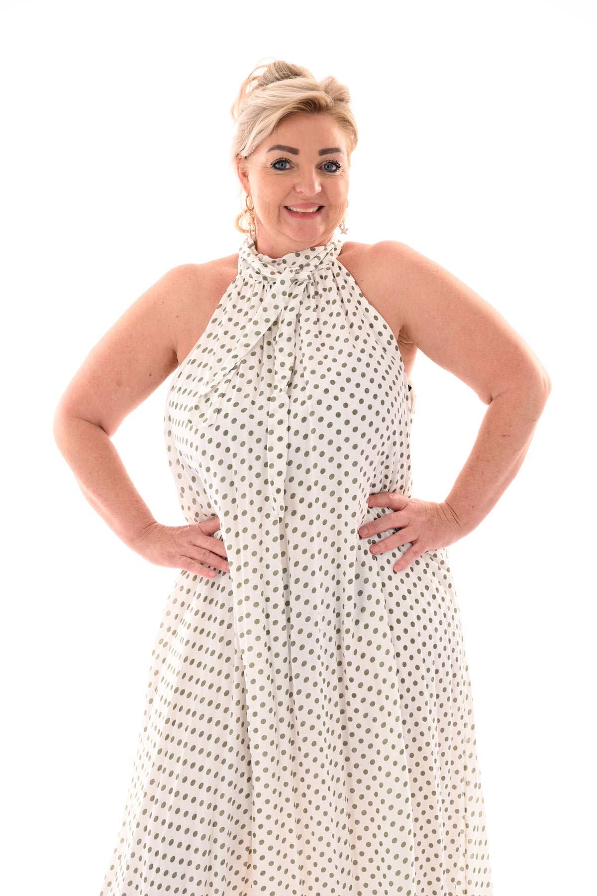 Halter jurk met strik en dots wit/lindegroen