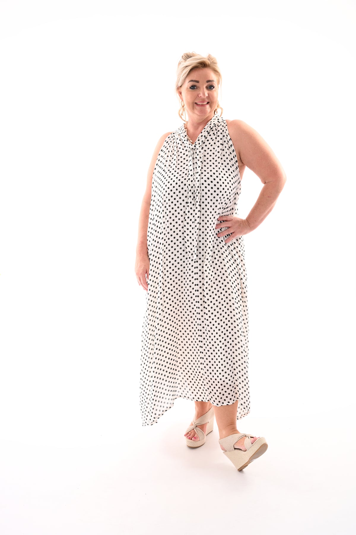 Halter jurk met strik en dots wit/zwart