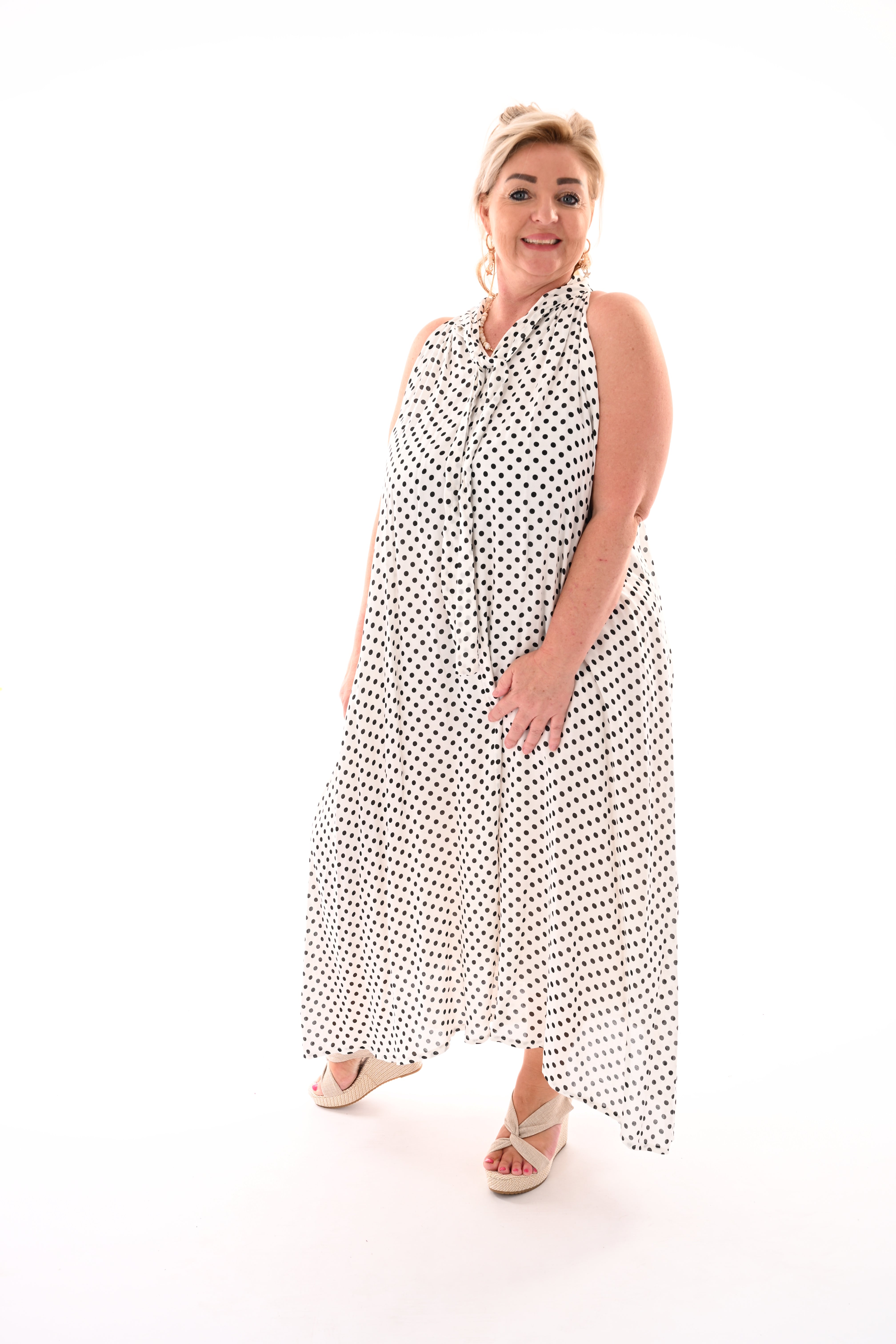 Halter jurk met strik en dots wit/zwart