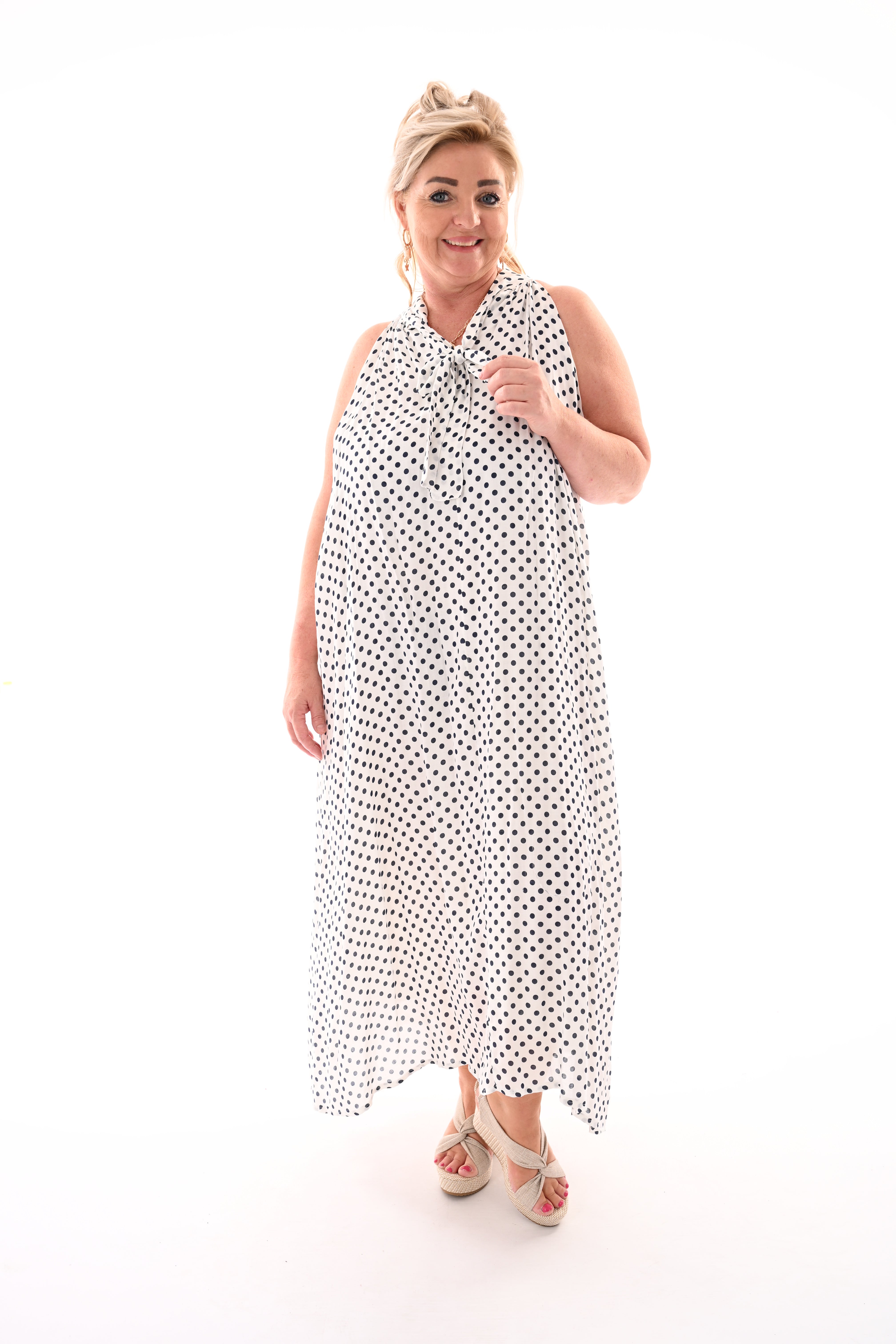 Halter jurk met strik en dots wit/marineblauw