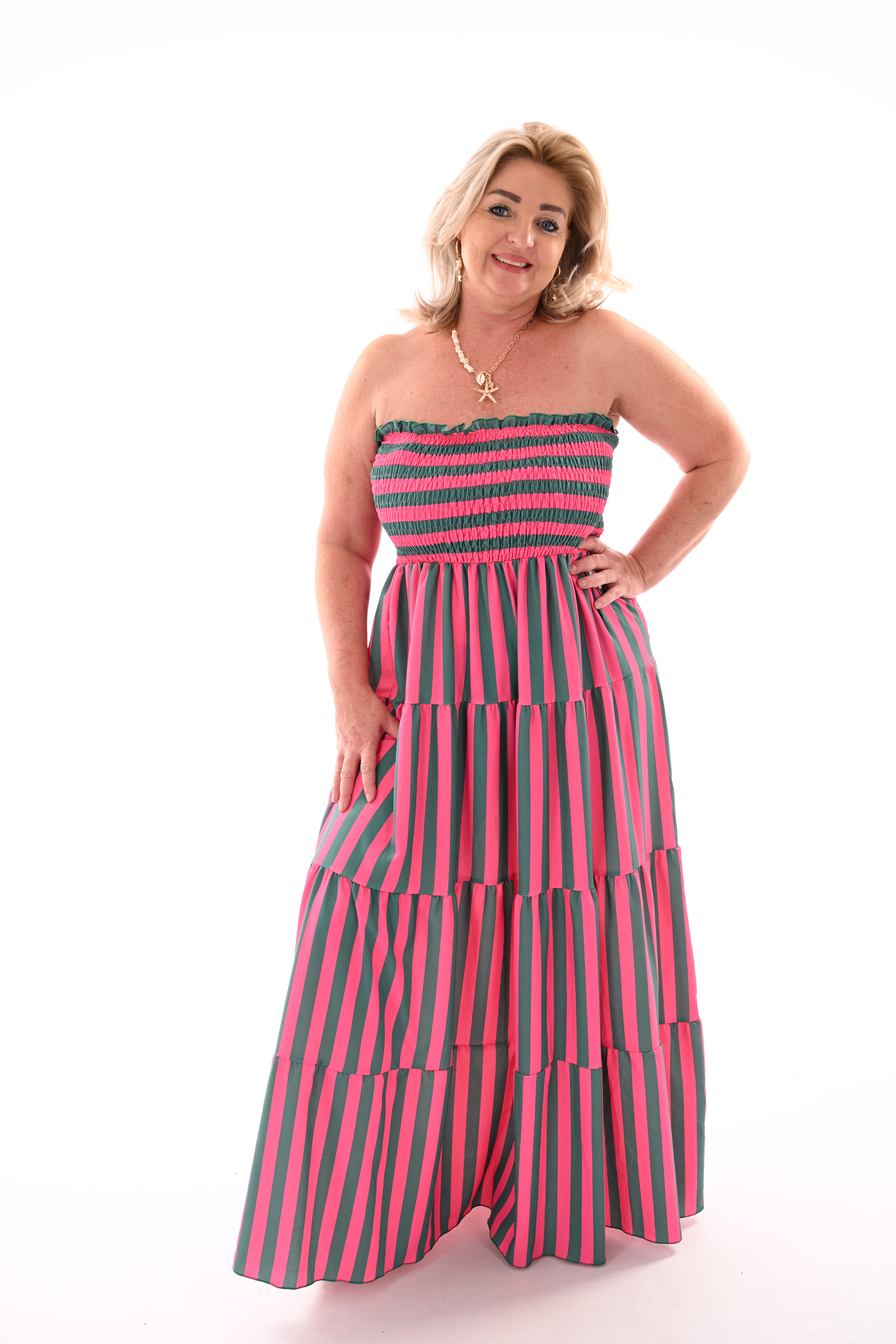 Off-shoulder jurk strepen en stroken donkerroze/groen