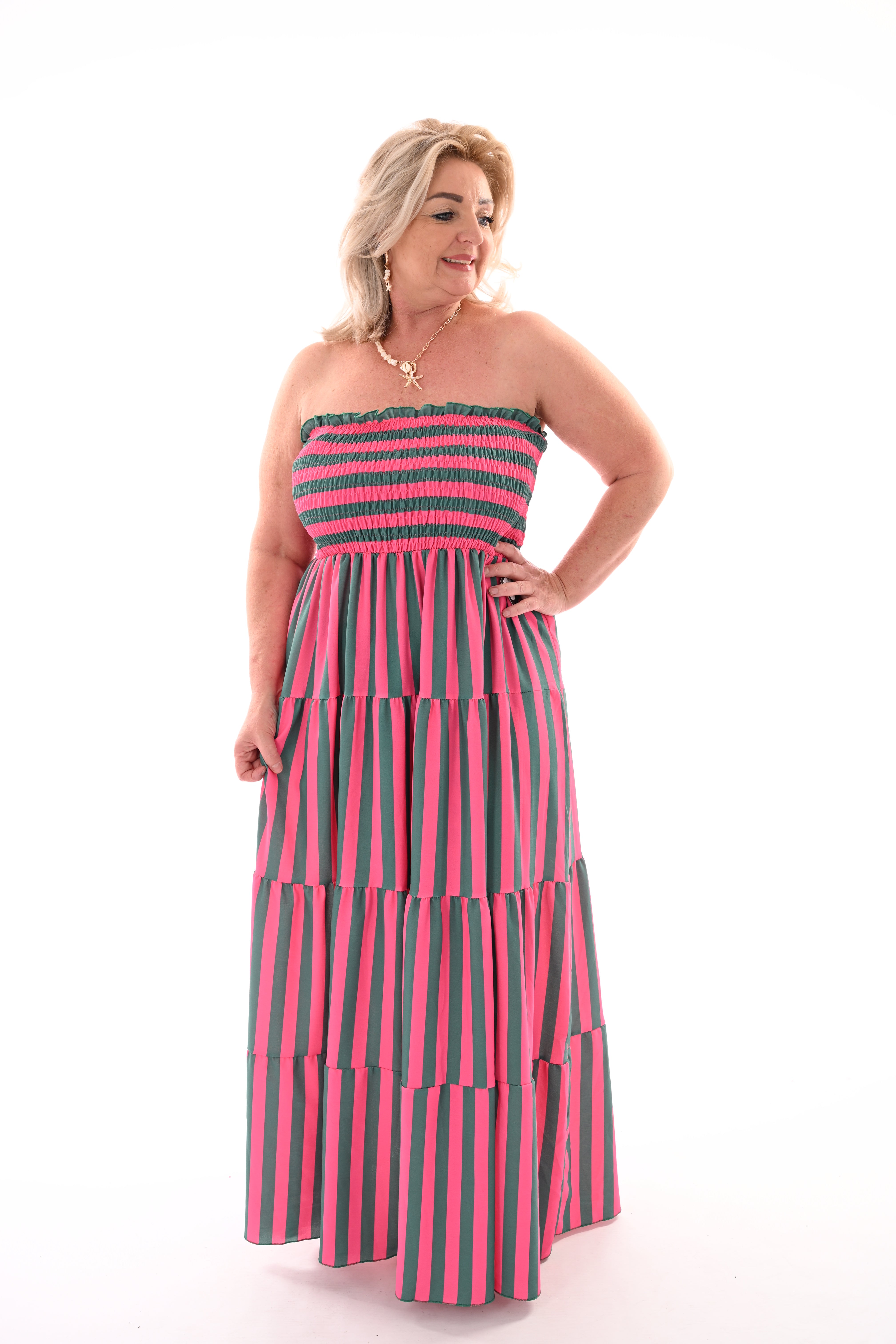 Off-shoulder jurk strepen en stroken donkerroze/groen