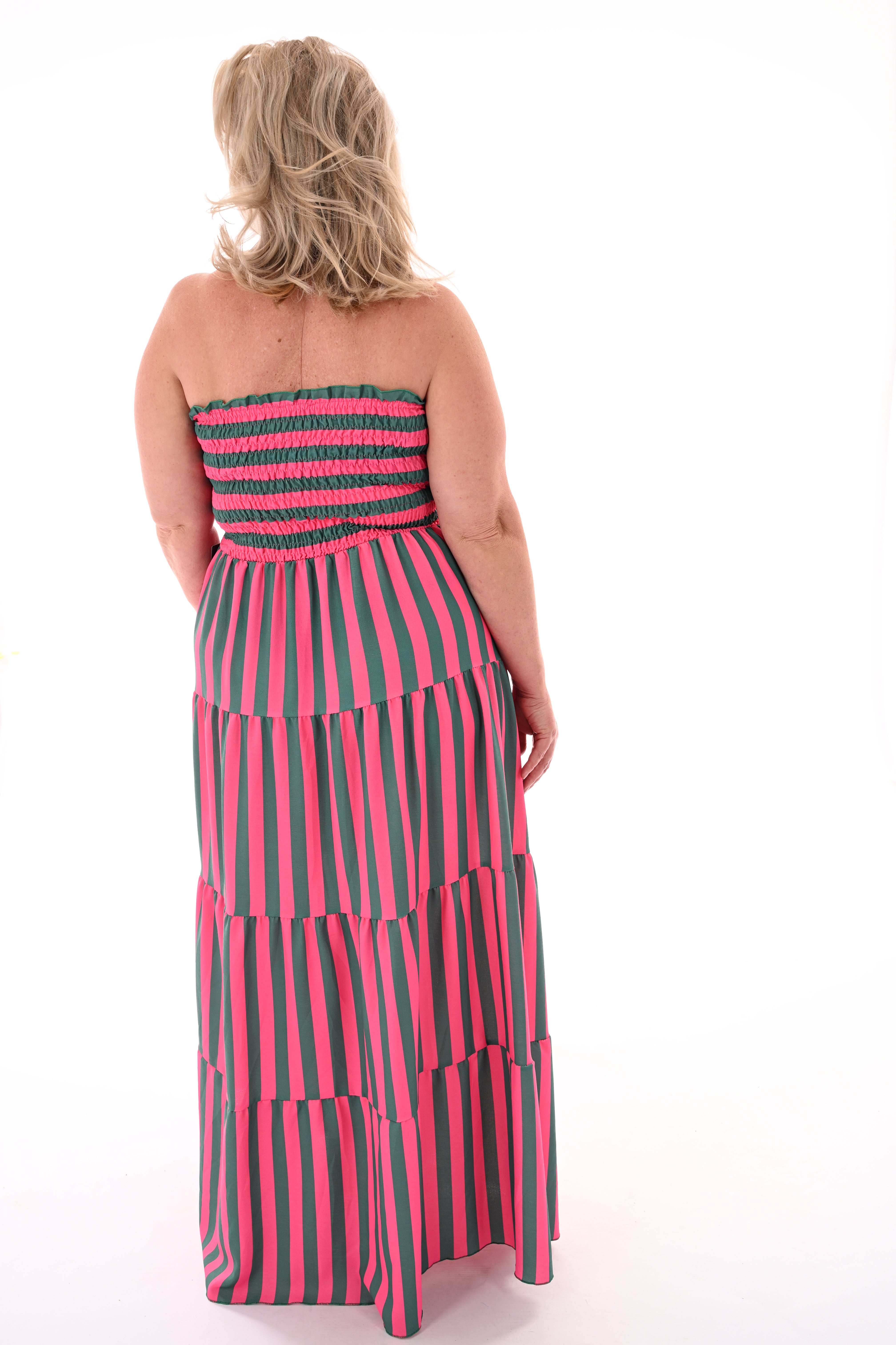 Off-shoulder jurk strepen en stroken donkerroze/groen