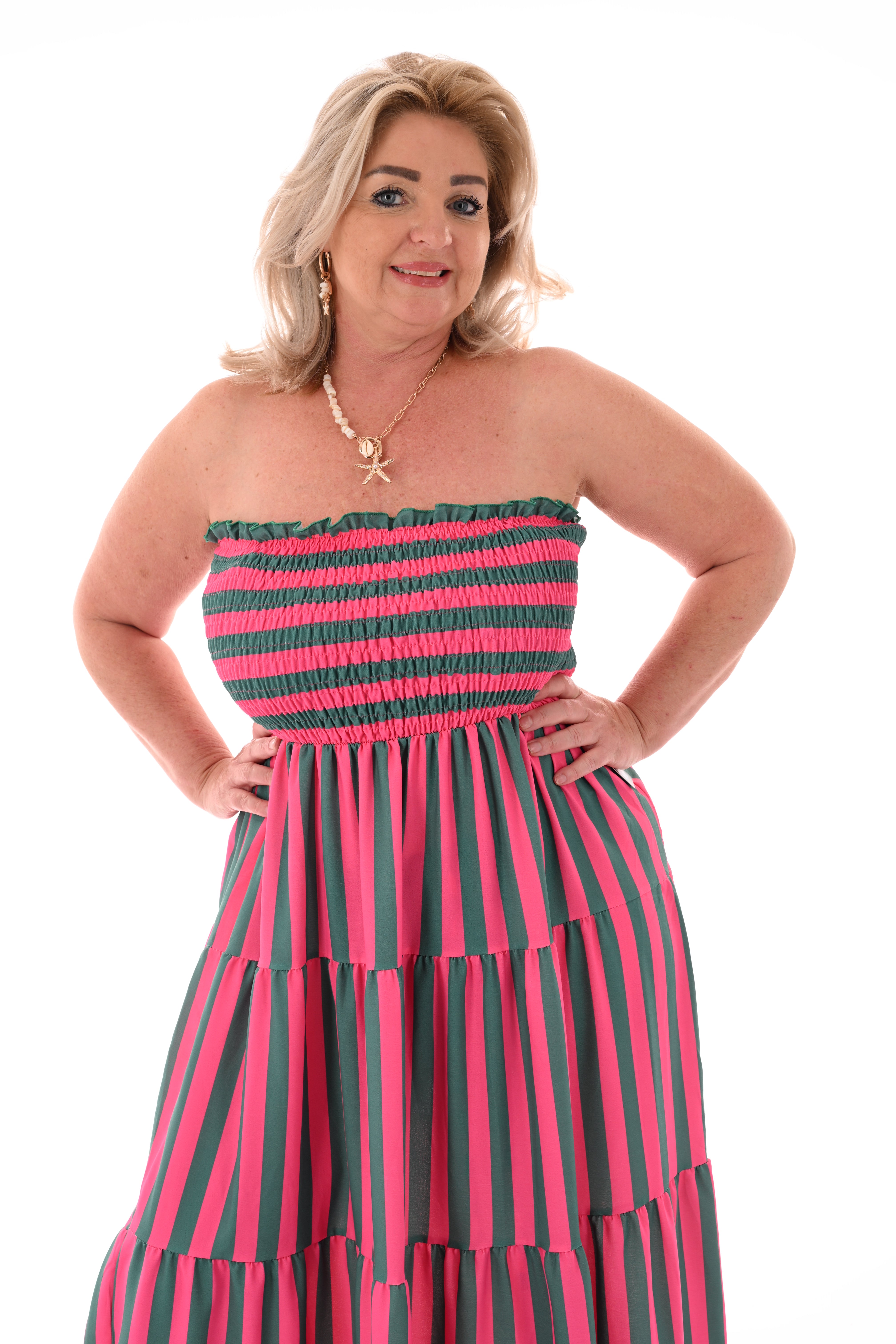 Off-shoulder jurk strepen en stroken donkerroze/groen
