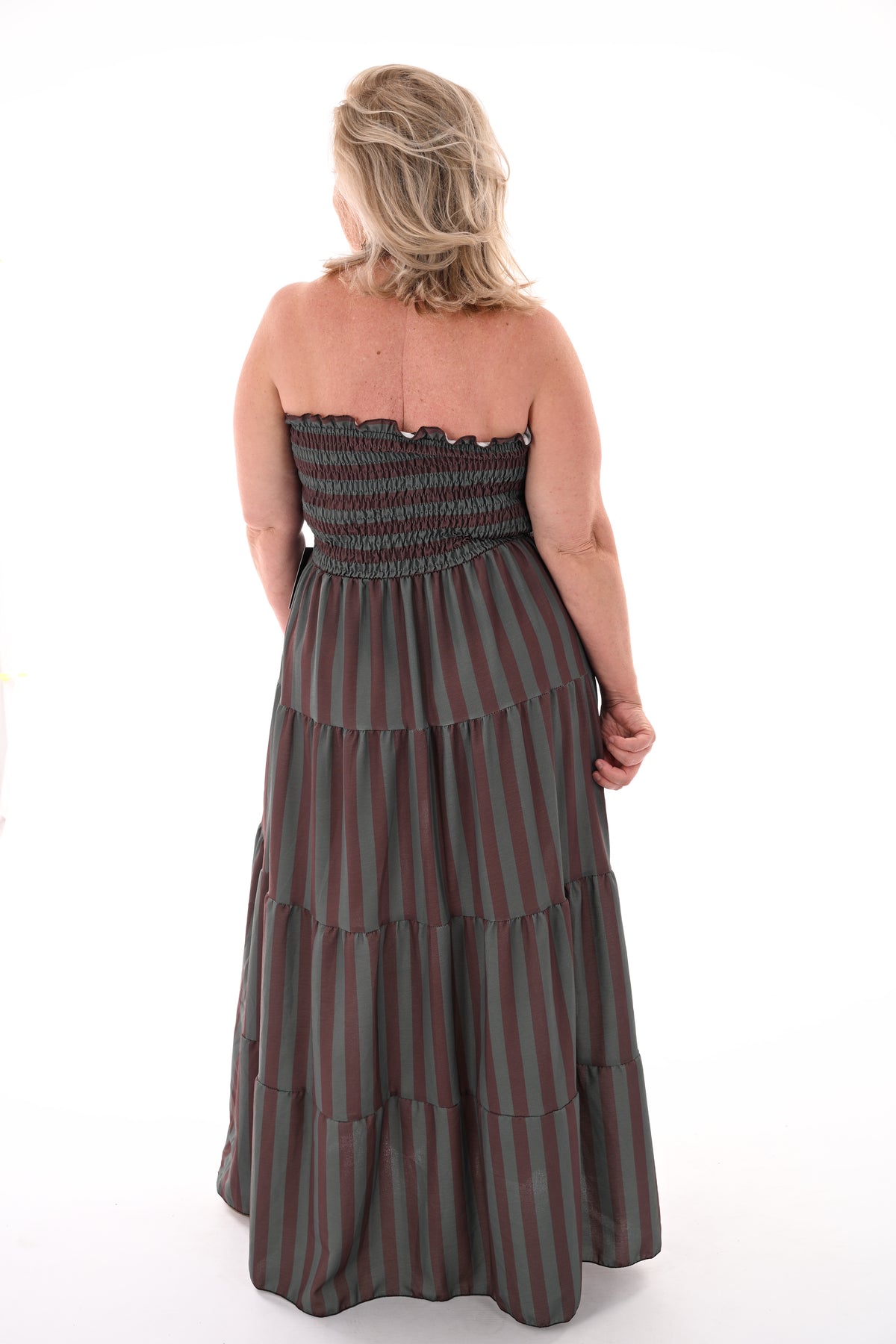Off-shoulder jurk strepen en stroken donkergroen/bruin