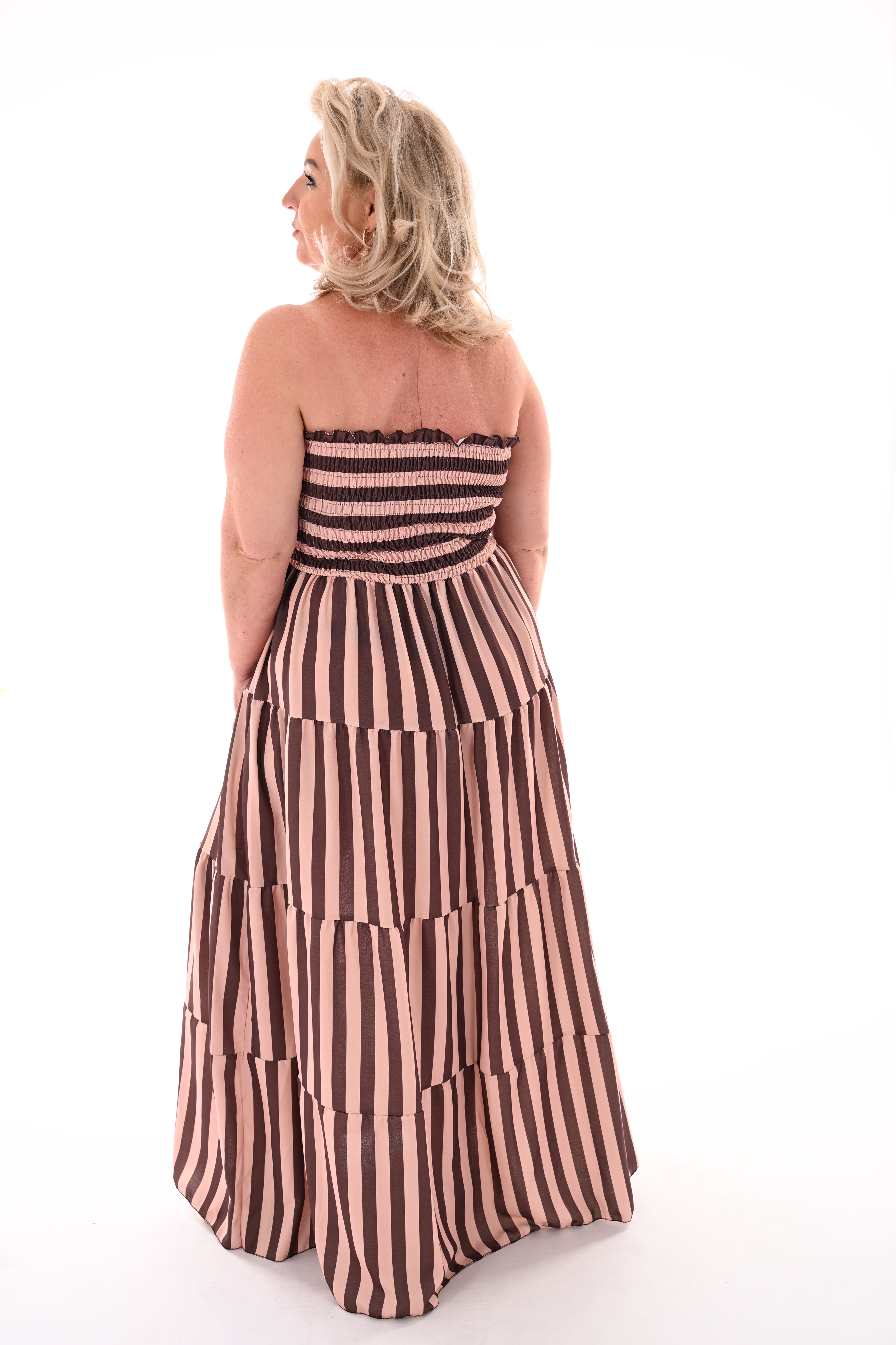 Off-shoulder jurk strepen en stroken bruin/beige