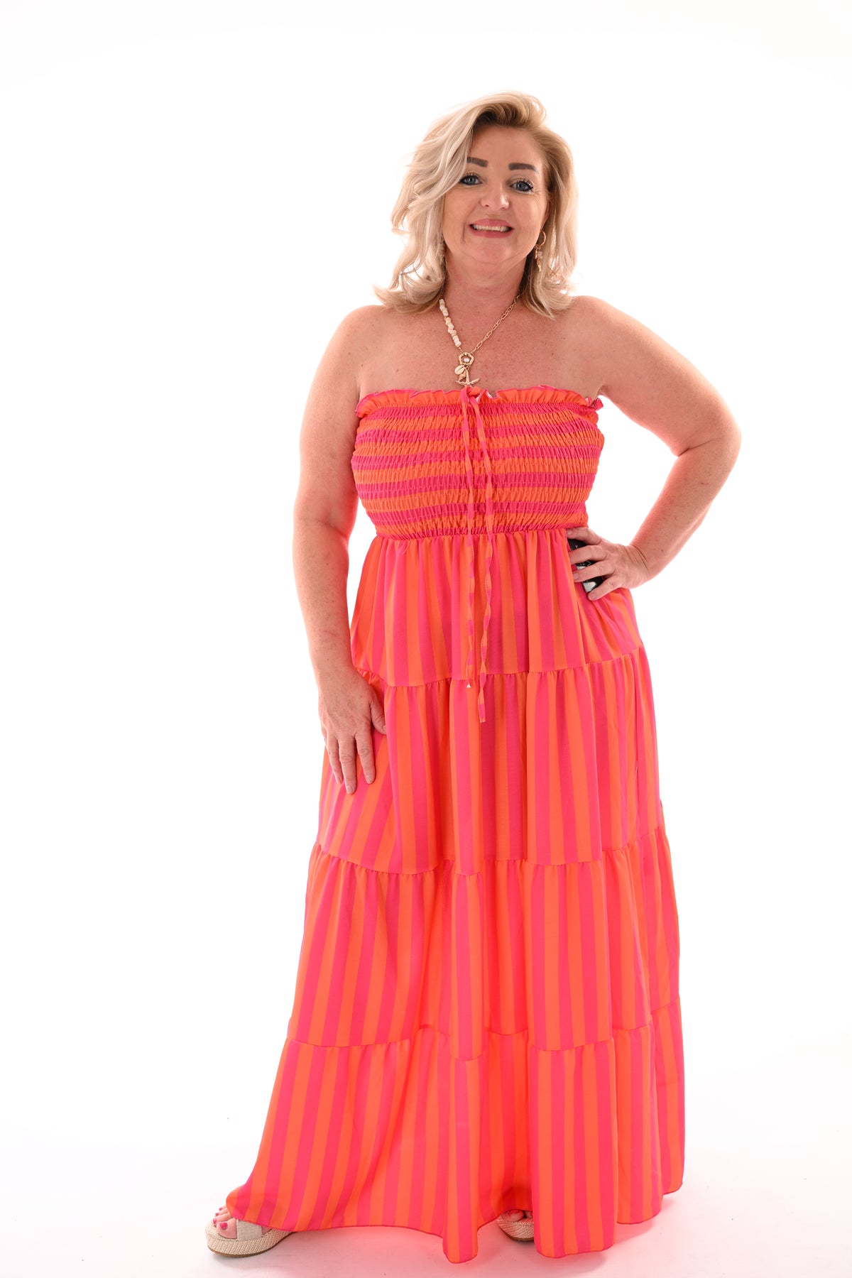 Off-shoulder jurk strepen en stroken oranje/felroze