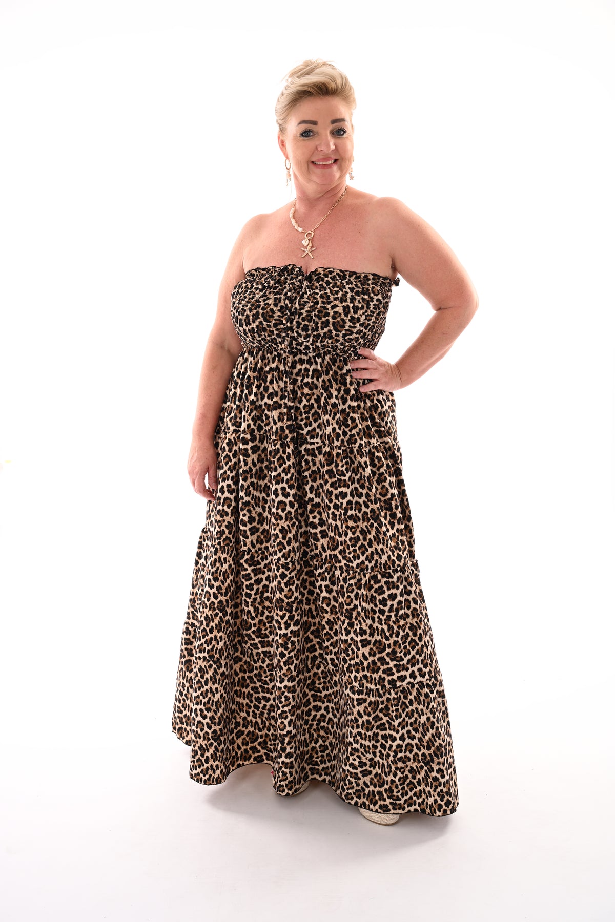 Off-shoulder jurk panter beige/zwart