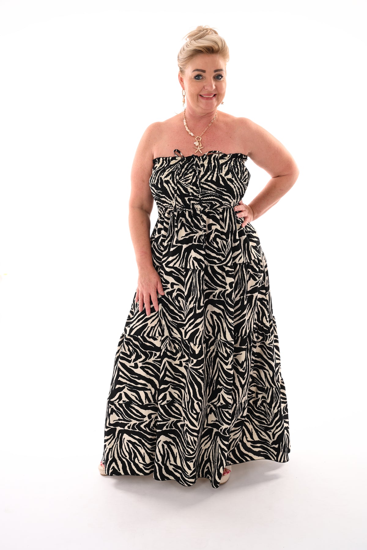 Off-shoulder jurk zebraprint zwart/wit