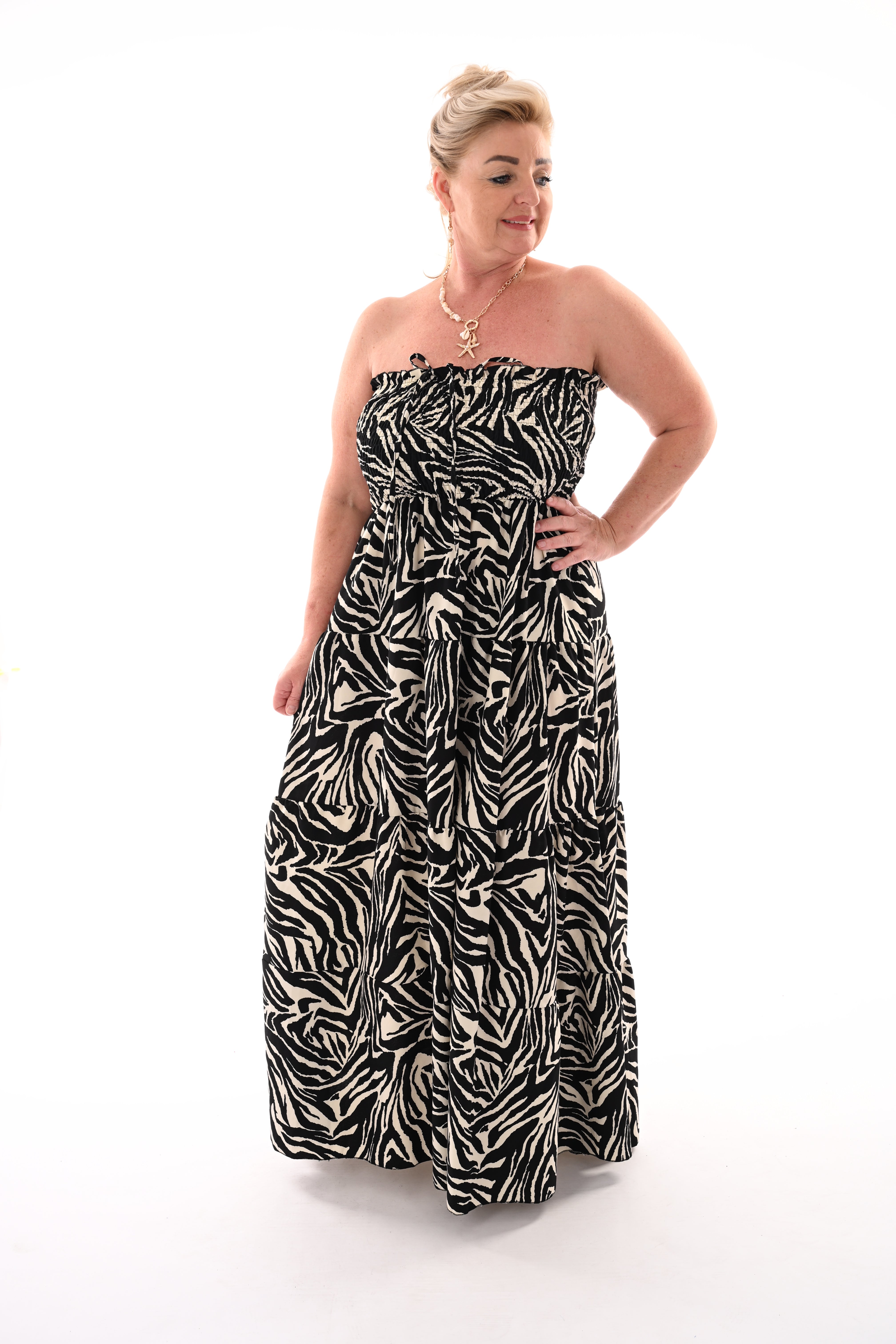 Off-shoulder jurk zebraprint zwart/wit