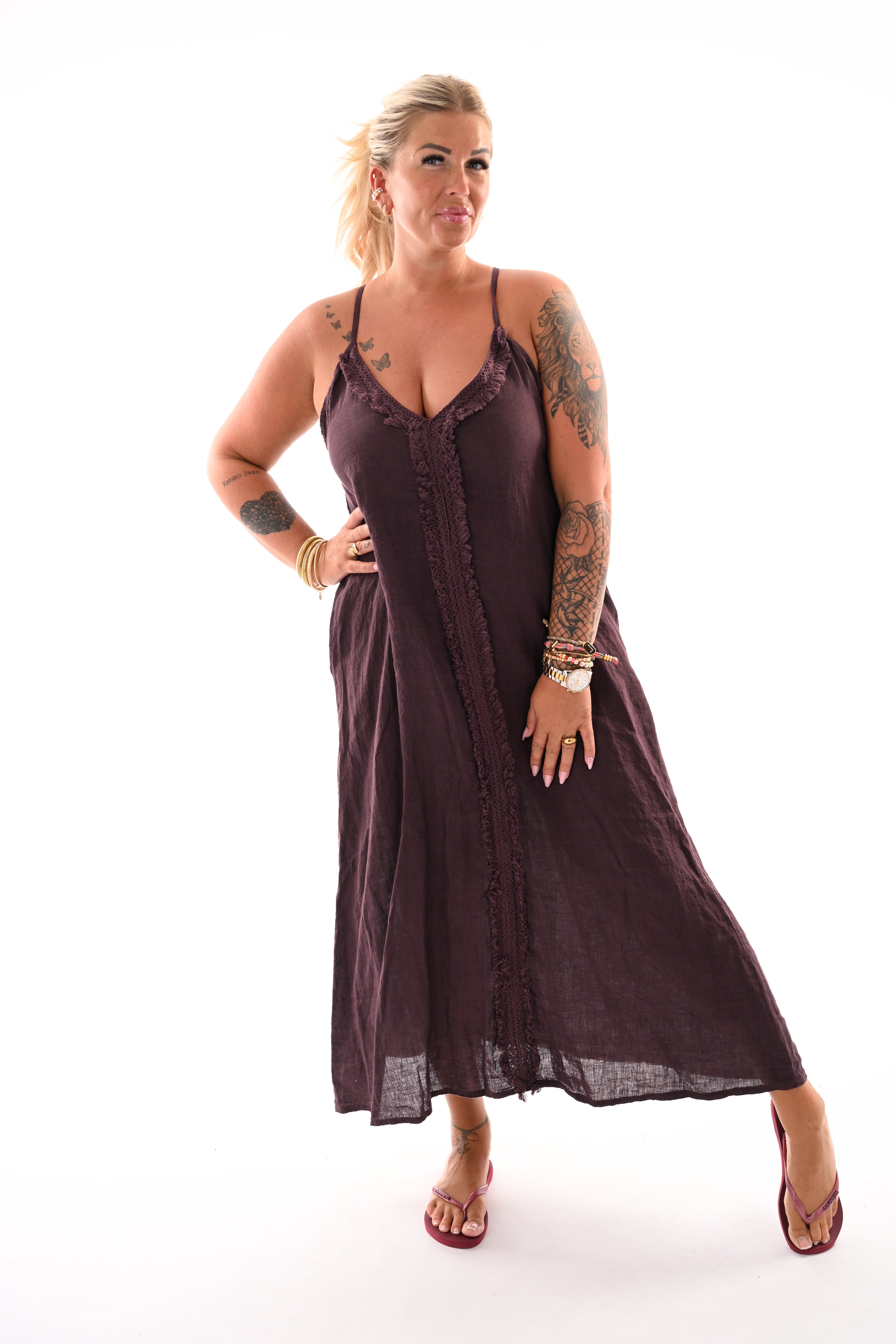 Lange jurk rafel rand aubergine
