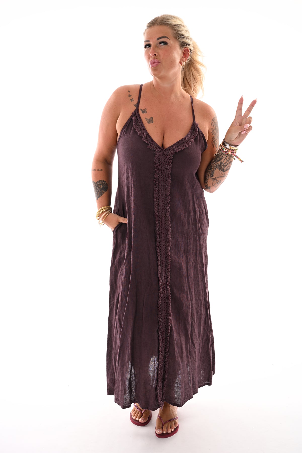 Lange jurk rafel rand aubergine
