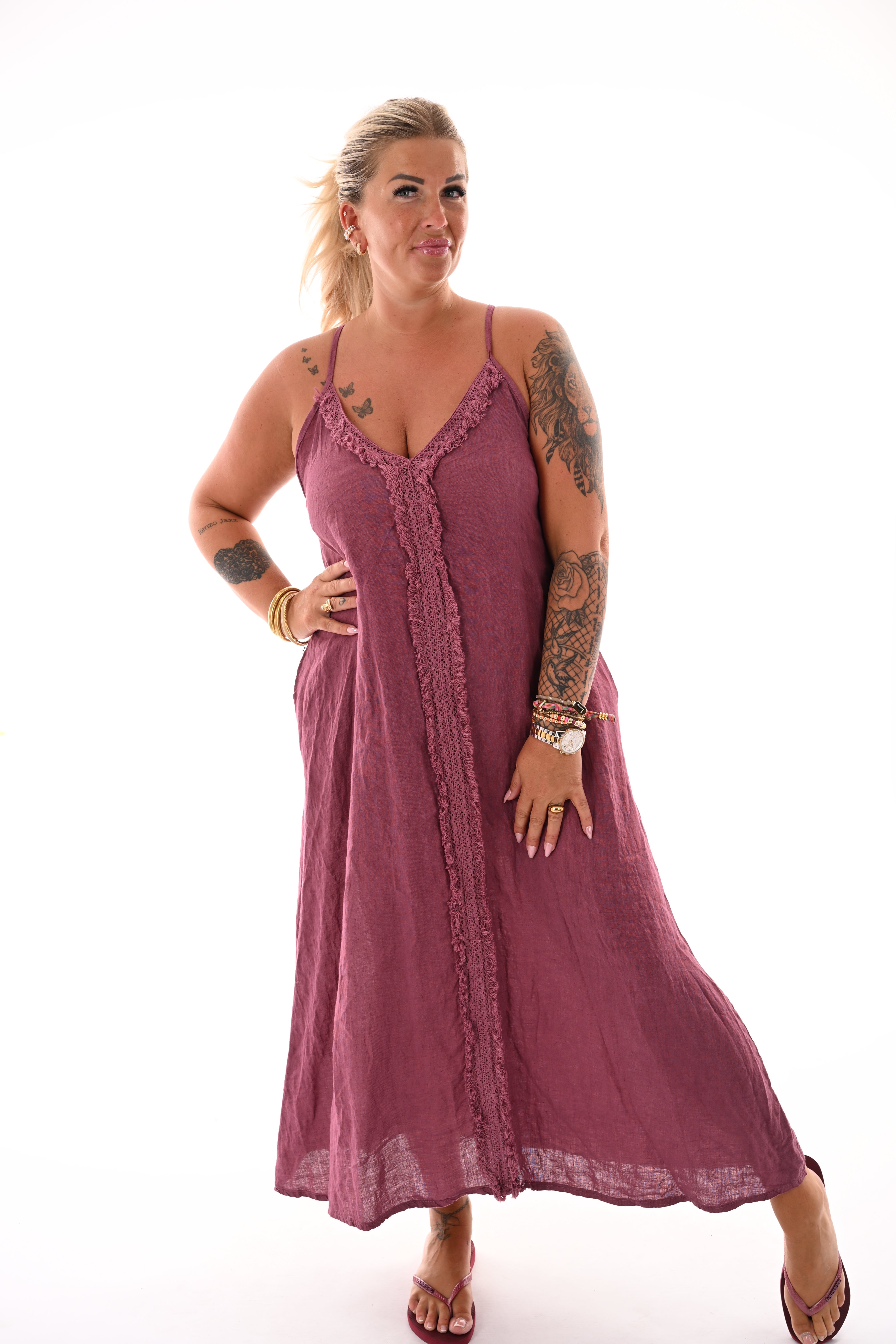 Lange jurk rafel rand mauve