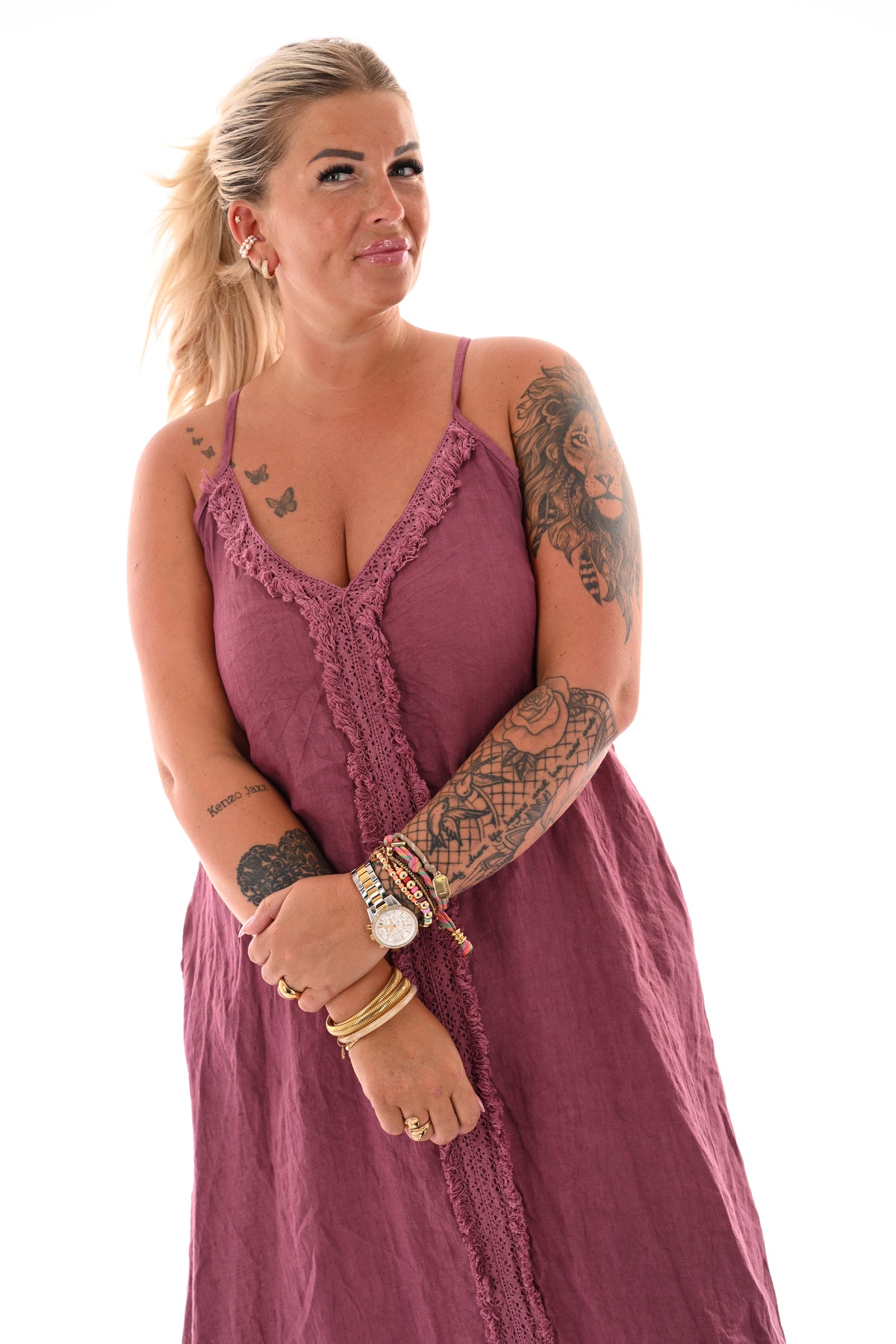 Lange jurk rafel rand mauve