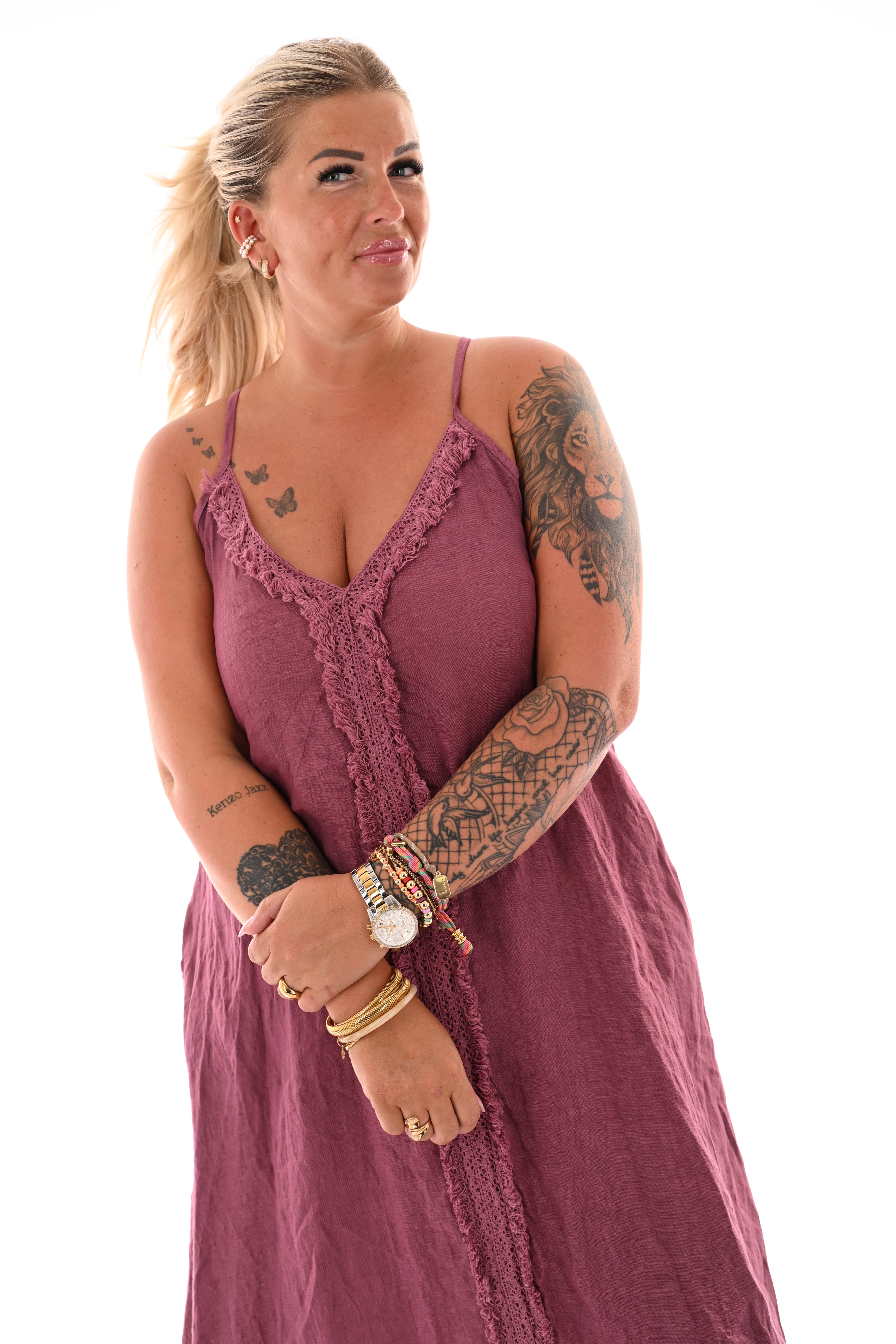 Lange jurk rafel rand mauve