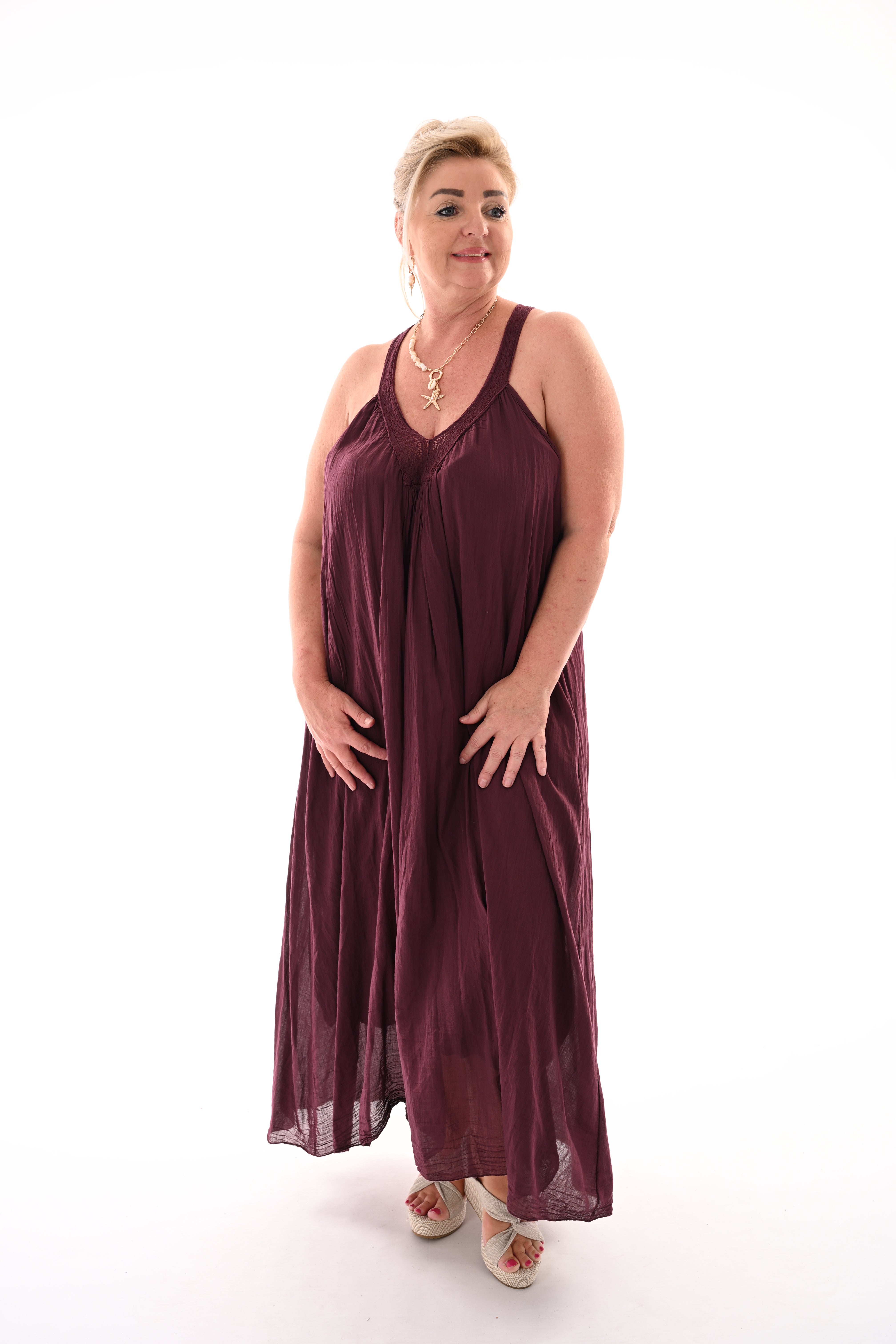 Lange jurk kanten bandjes aubergine