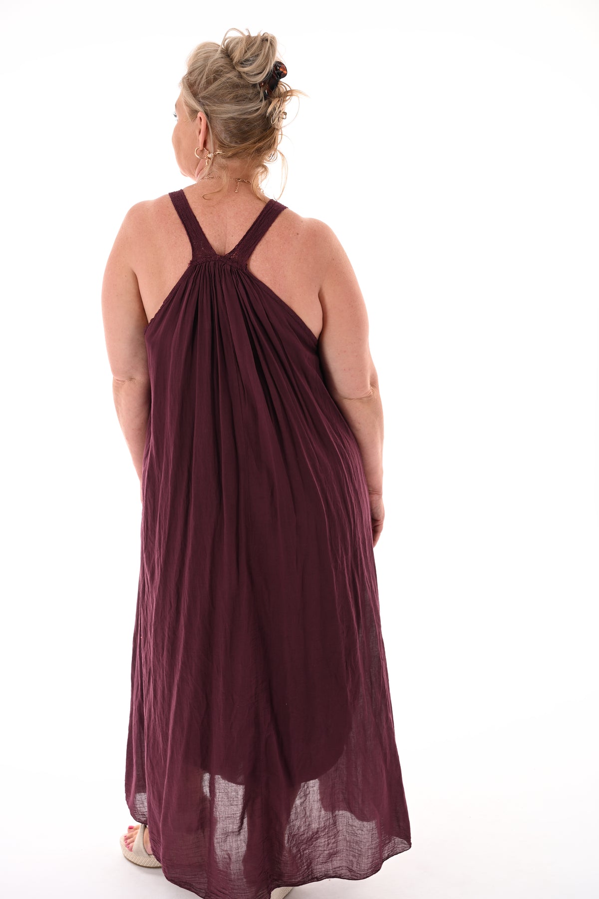 Lange jurk kanten bandjes aubergine