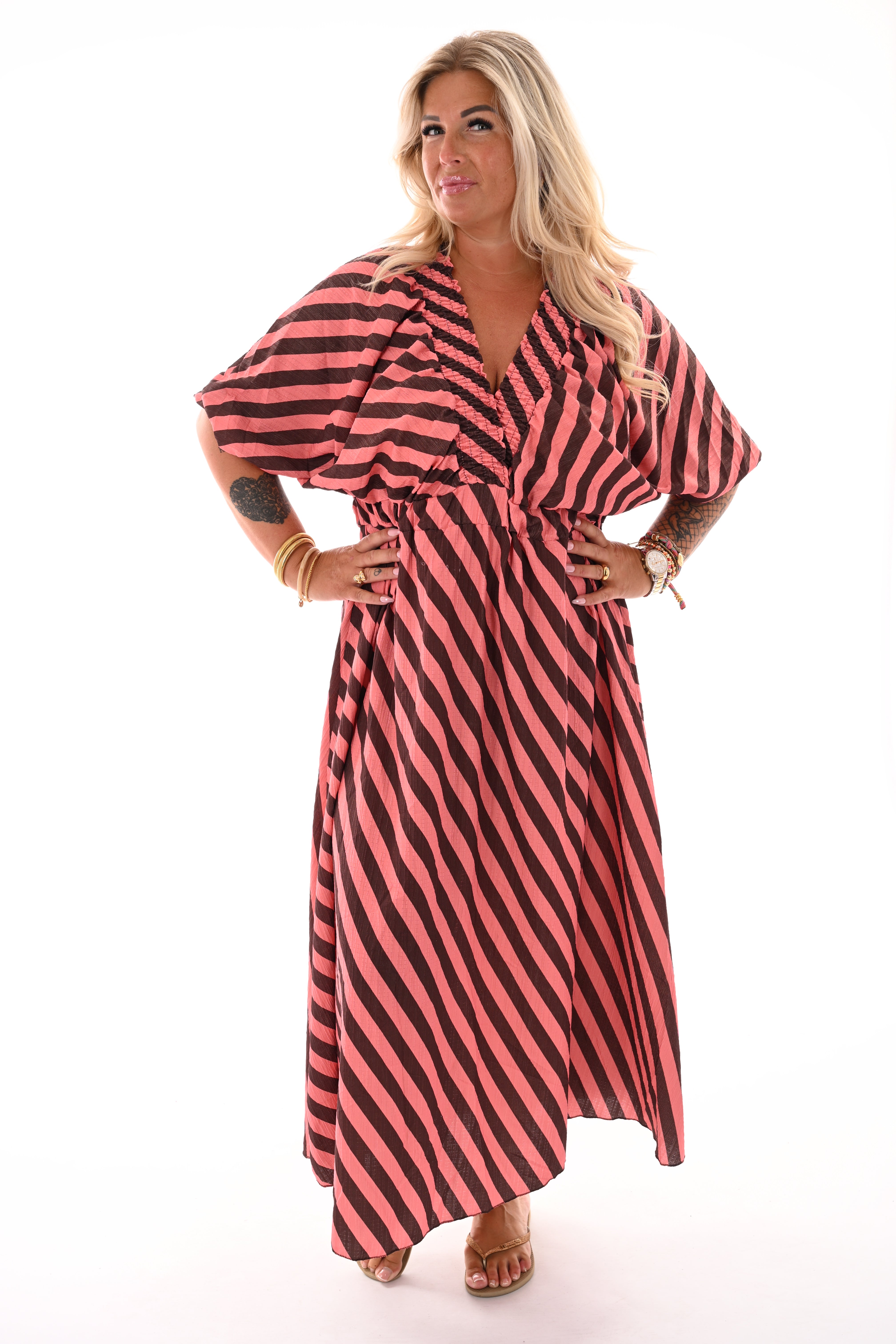 Lange jurk v-hals smock strepen bruin/roze