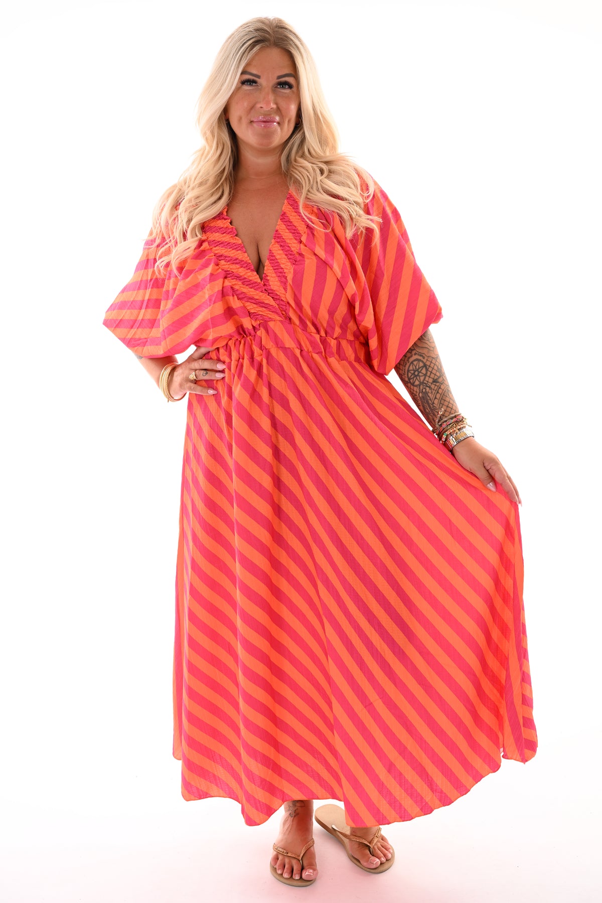 Lange jurk v-hals smock strepen oranje/fuchsia