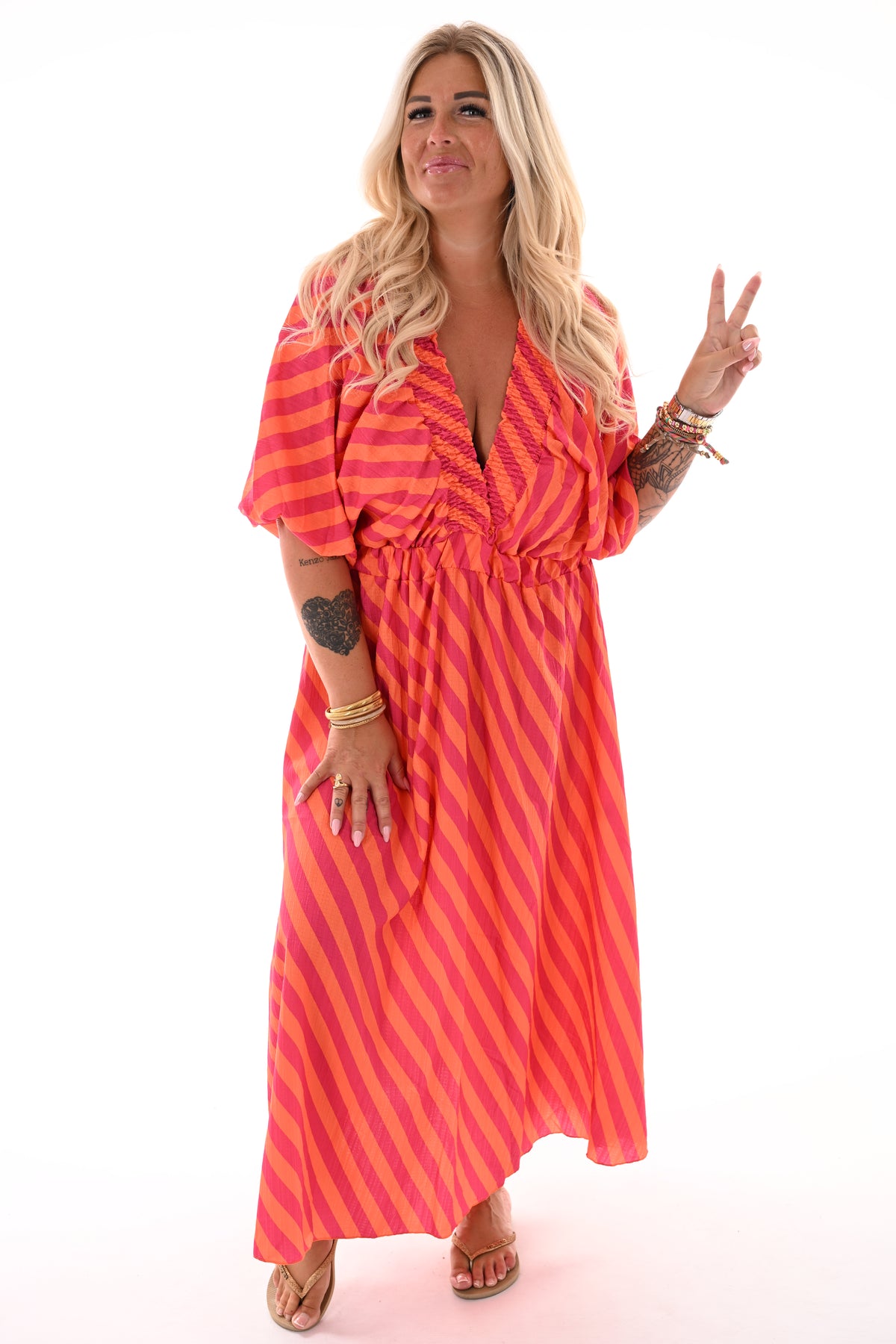 Lange jurk v-hals smock strepen oranje/fuchsia
