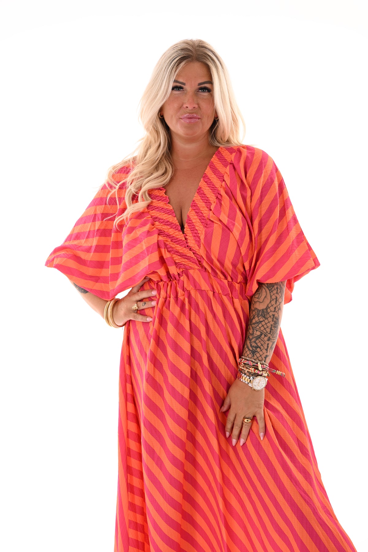 Lange jurk v-hals smock strepen oranje/fuchsia