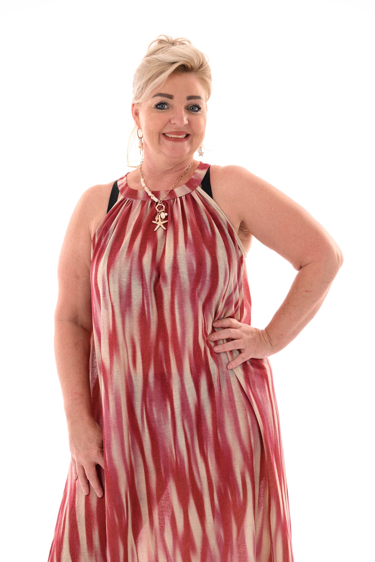 Halter jurk vloeiende lijnen roze