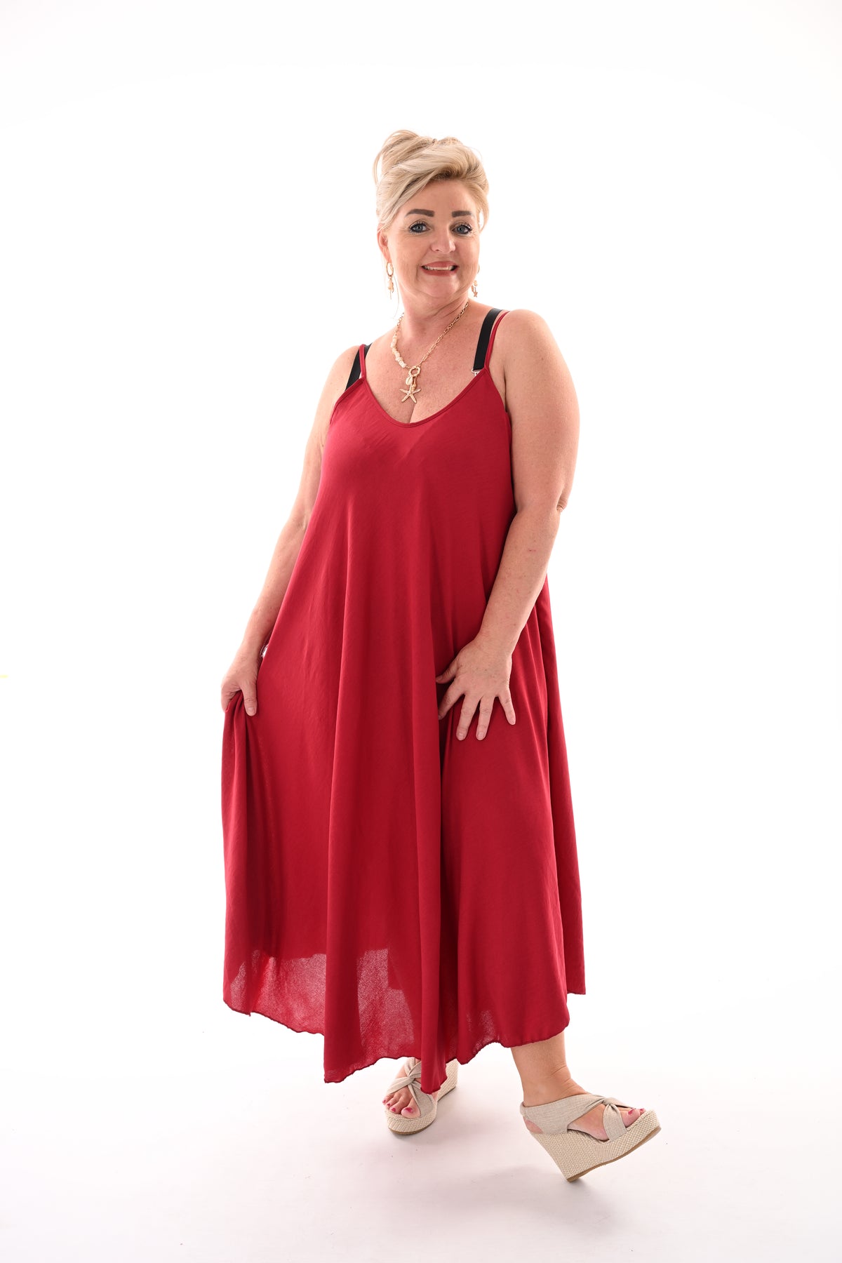 Lange jurk spaghetti bandjes v-hals rood