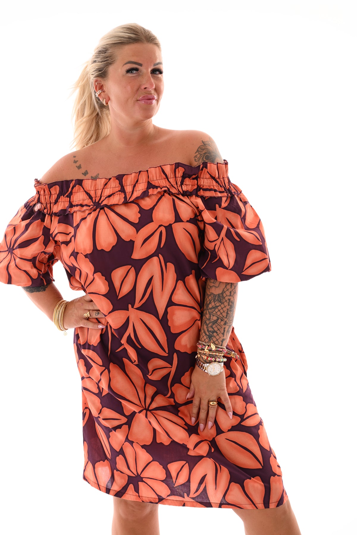 Jurk off-shoulder bladeren aubergine/oranje