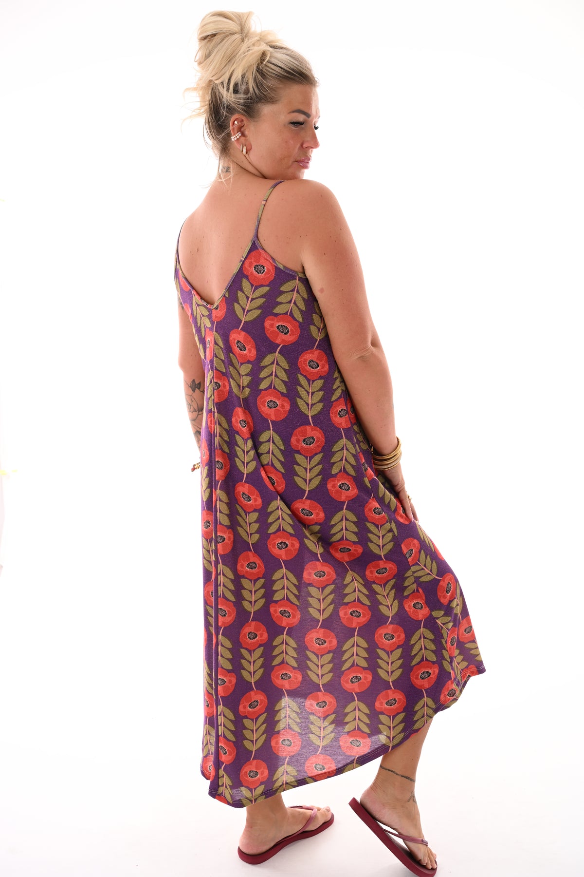 Jurk v-hals spaghetti bandjes bloemen paars
