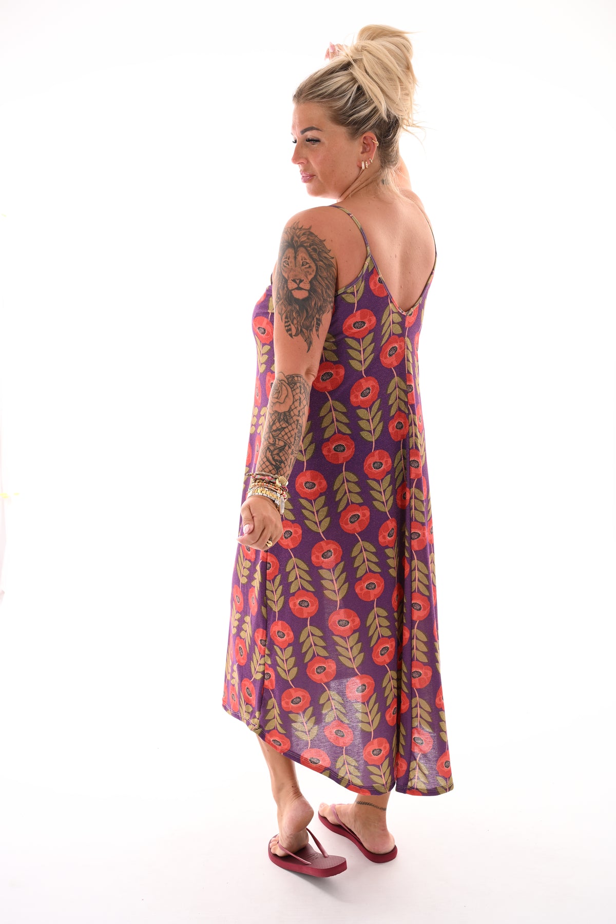 Jurk v-hals spaghetti bandjes bloemen paars