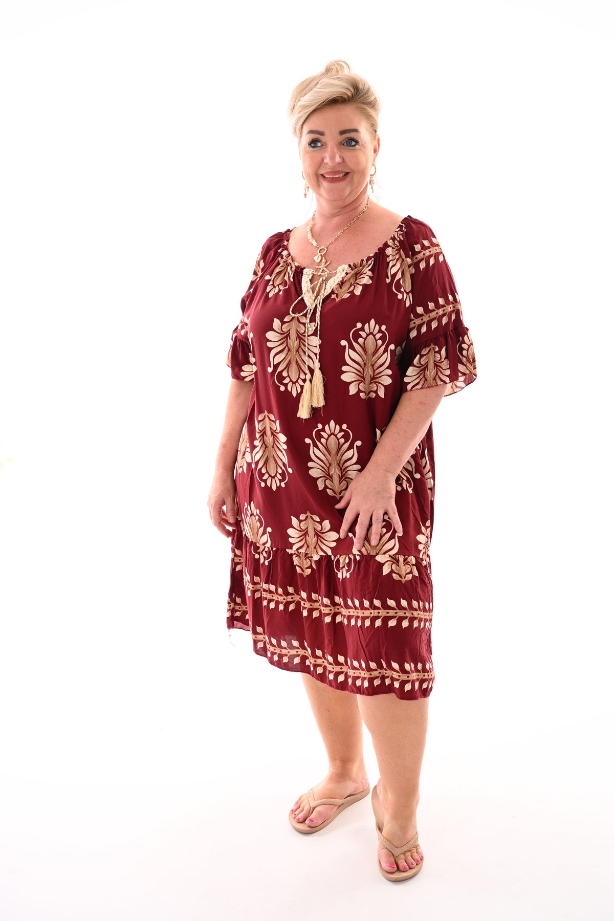 Off-shoulder jurk barok trompetmouwen bordeaux