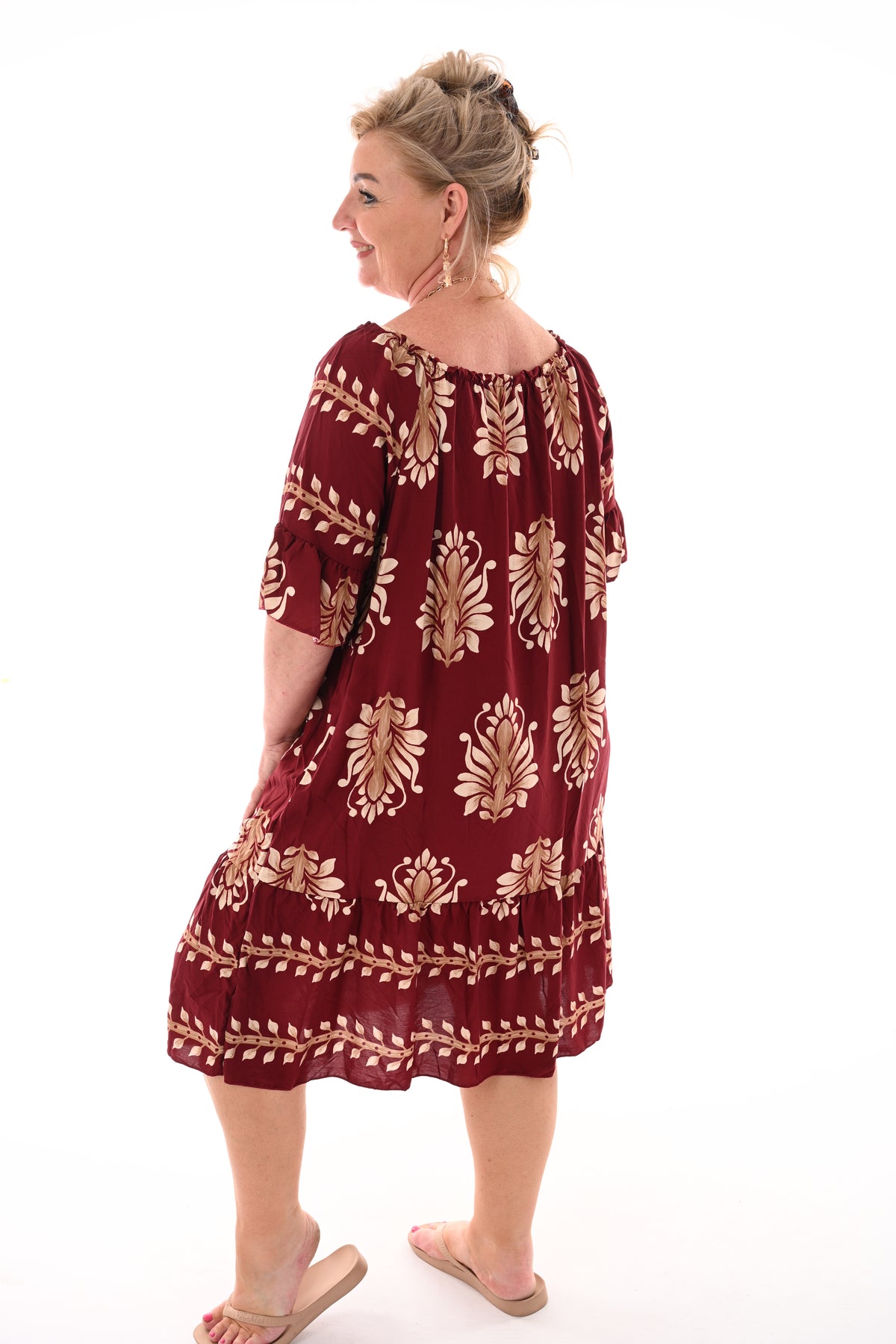Off-shoulder jurk barok trompetmouwen bordeaux