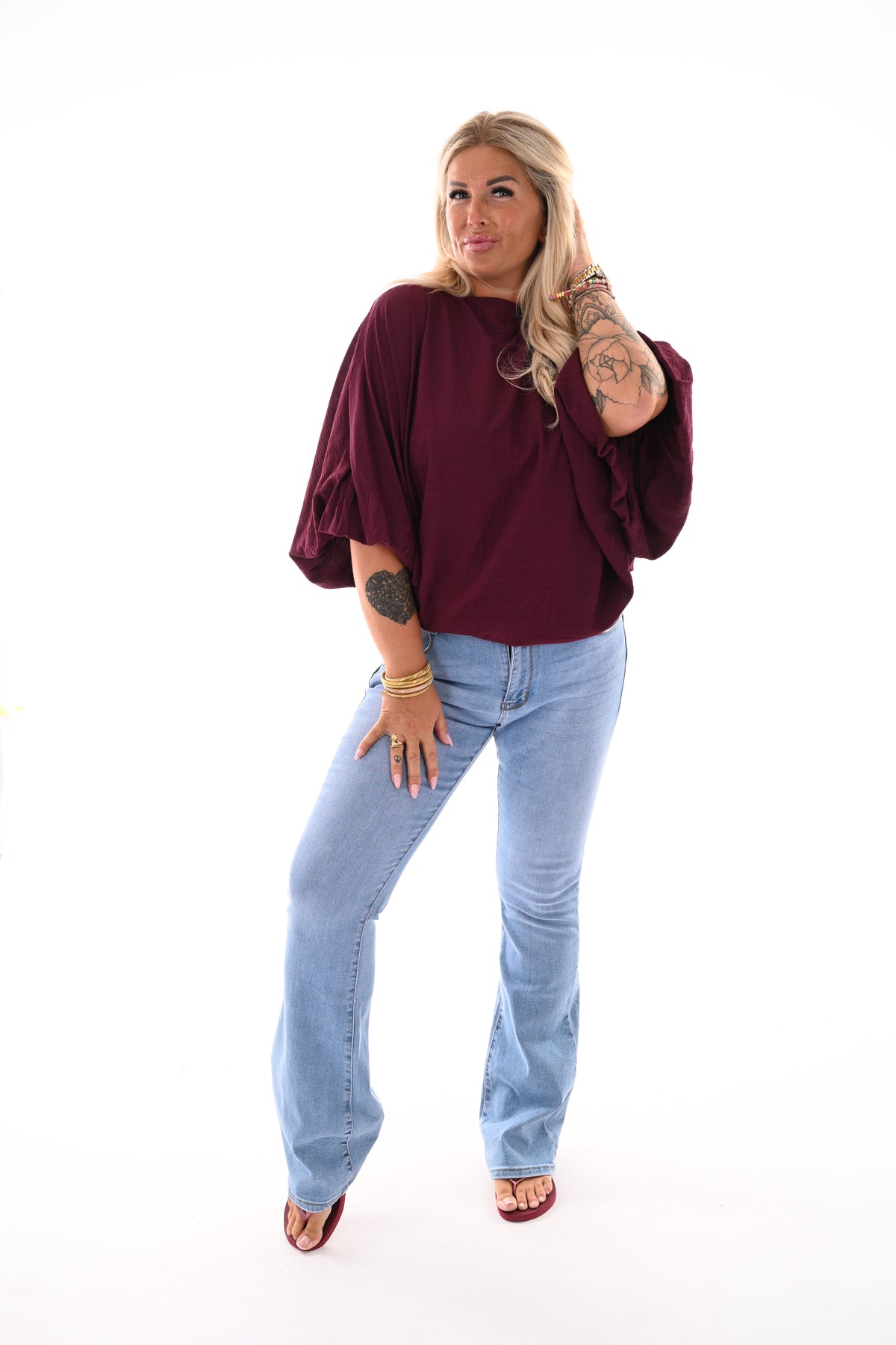 Basic top 3/4e pofmouwen aubergine