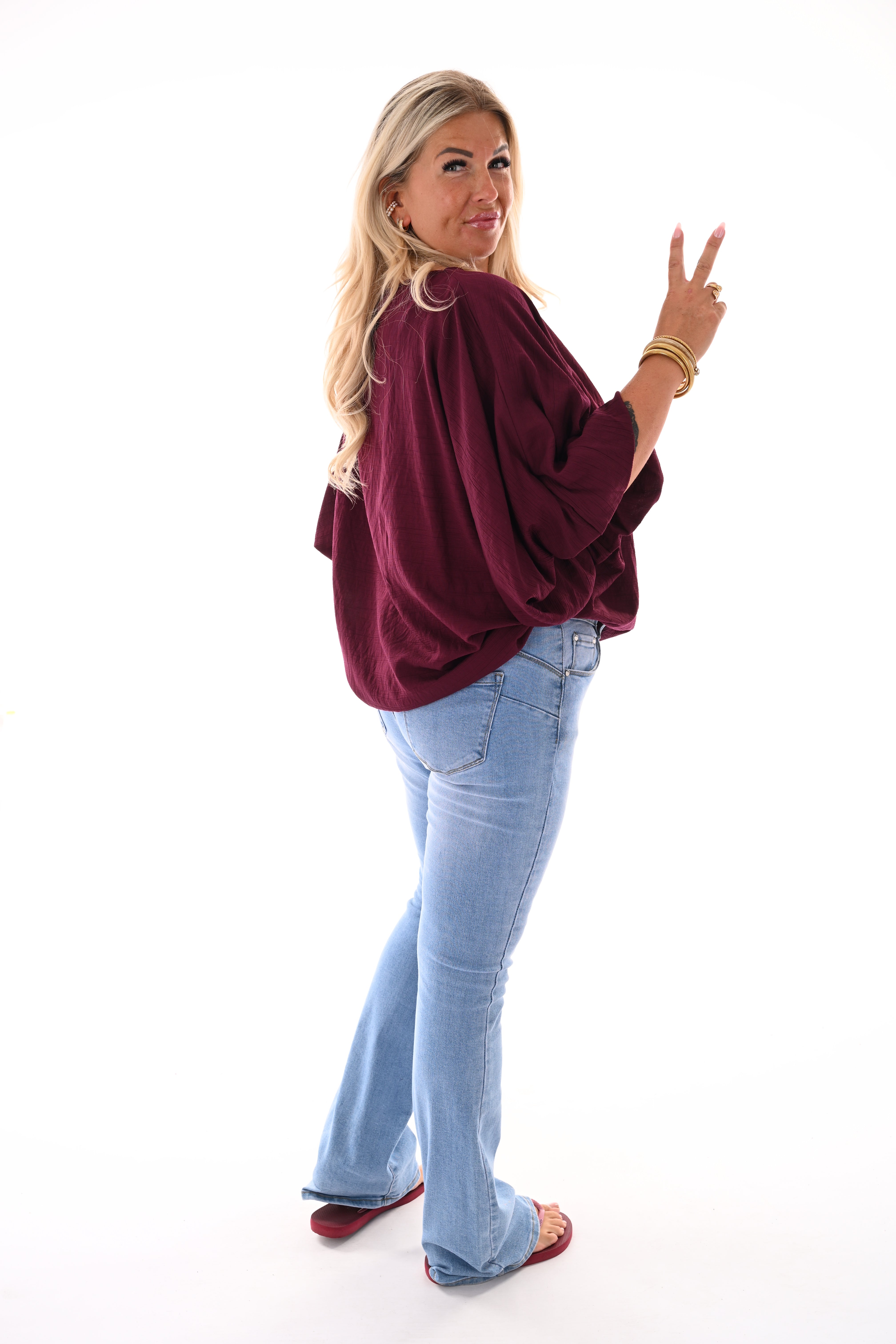 Basic top 3/4e pofmouwen aubergine