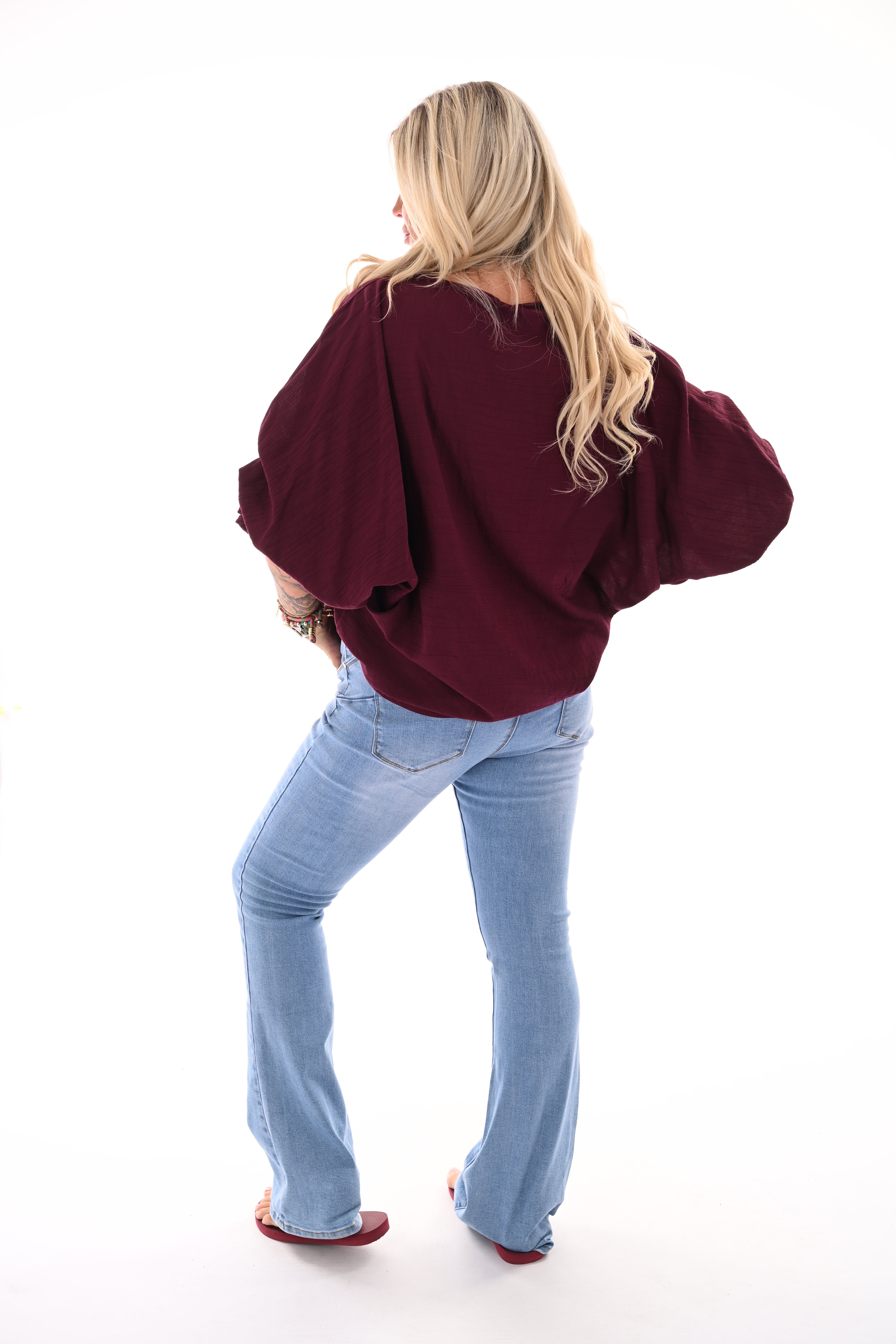Basic top 3/4e pofmouwen aubergine