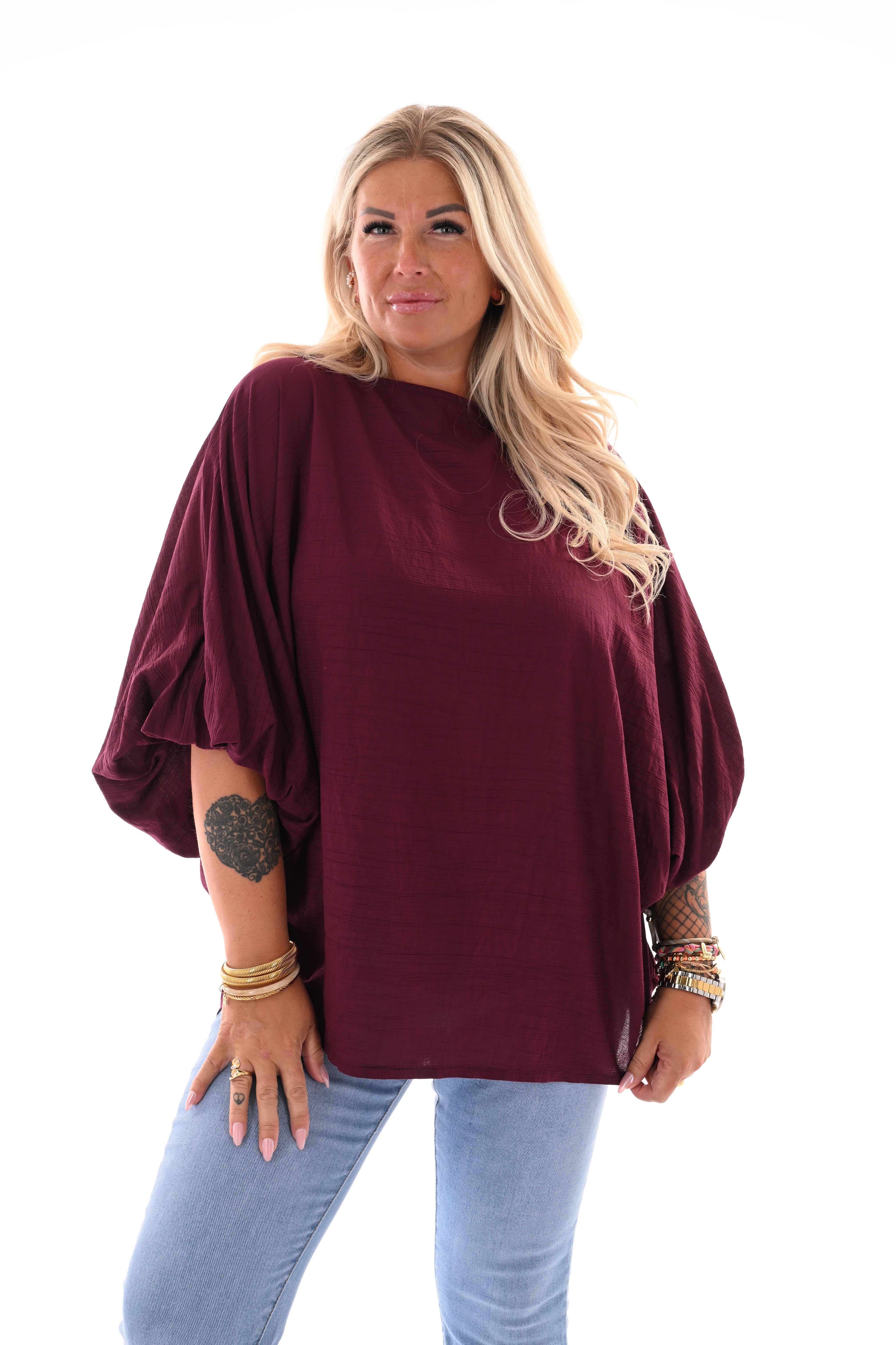 Basic top 3/4e pofmouwen aubergine