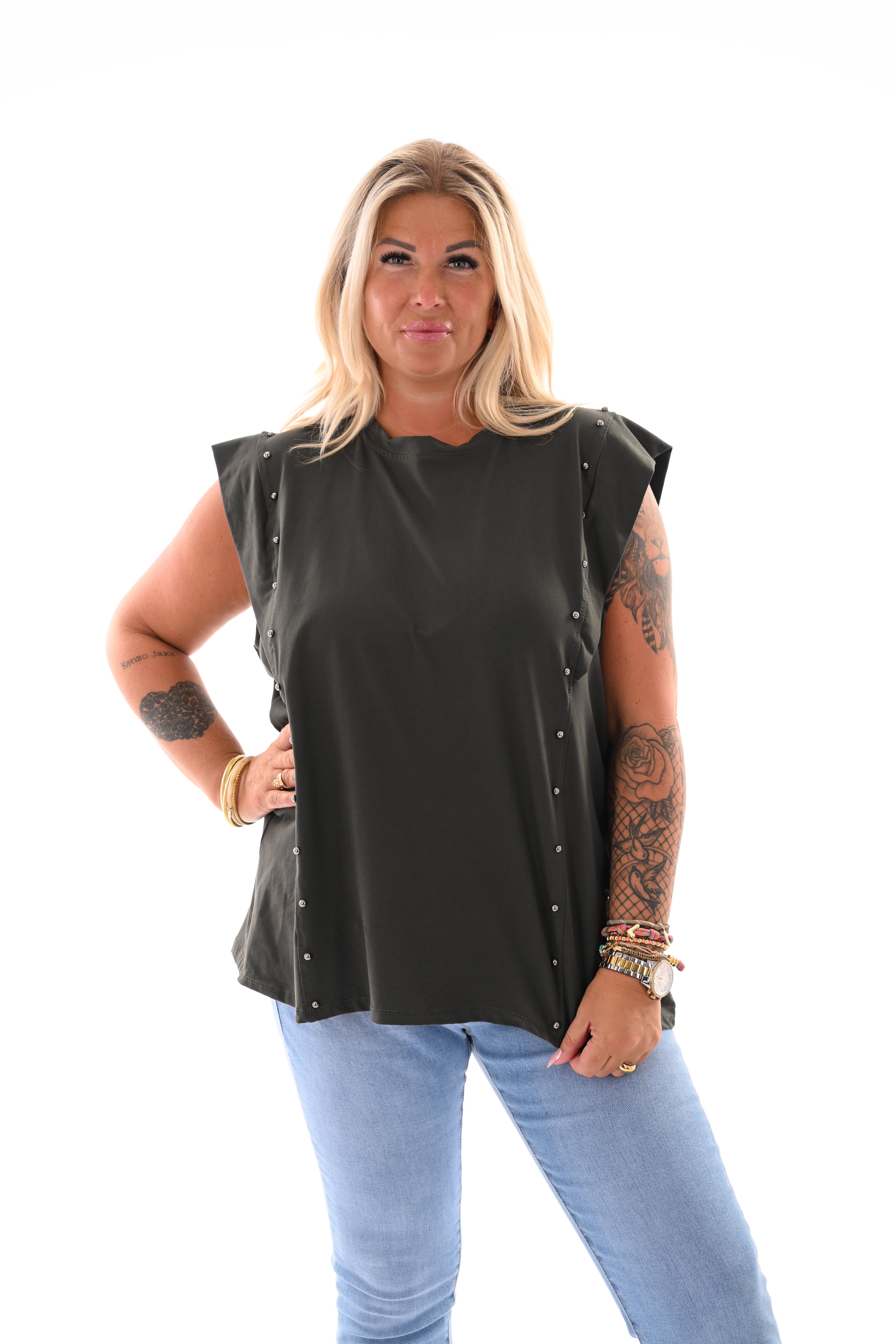 Top kapmouwen studs legergroen